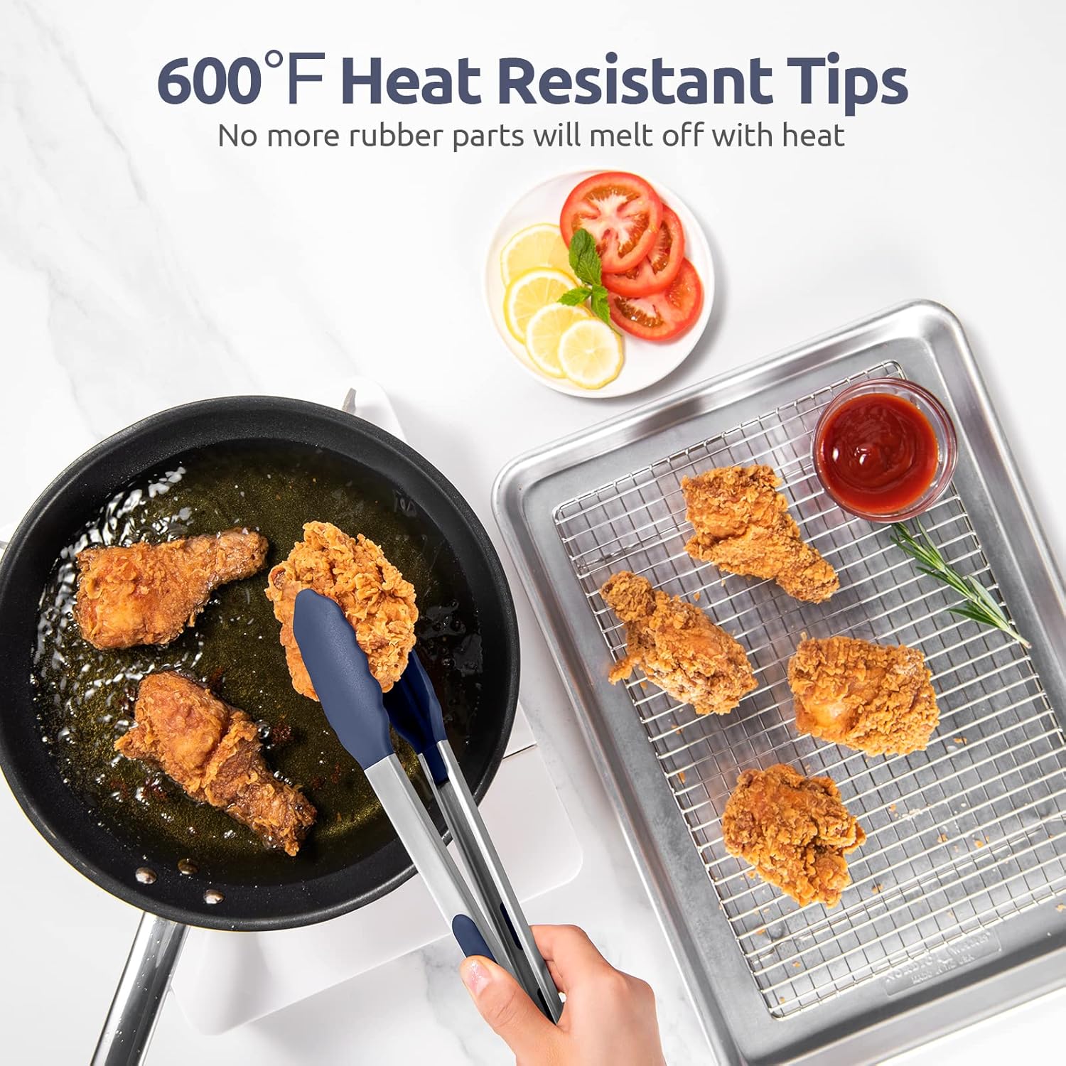 600ºF Heat Resistant Kitchen Tongs: 7/9/12 inch Silicone Cooking Tong Set with Non Stick Rubber Tips and Silicon Coated 18/8 Stainless Steel Handle for Serving Grilling Salad Midnight Blue