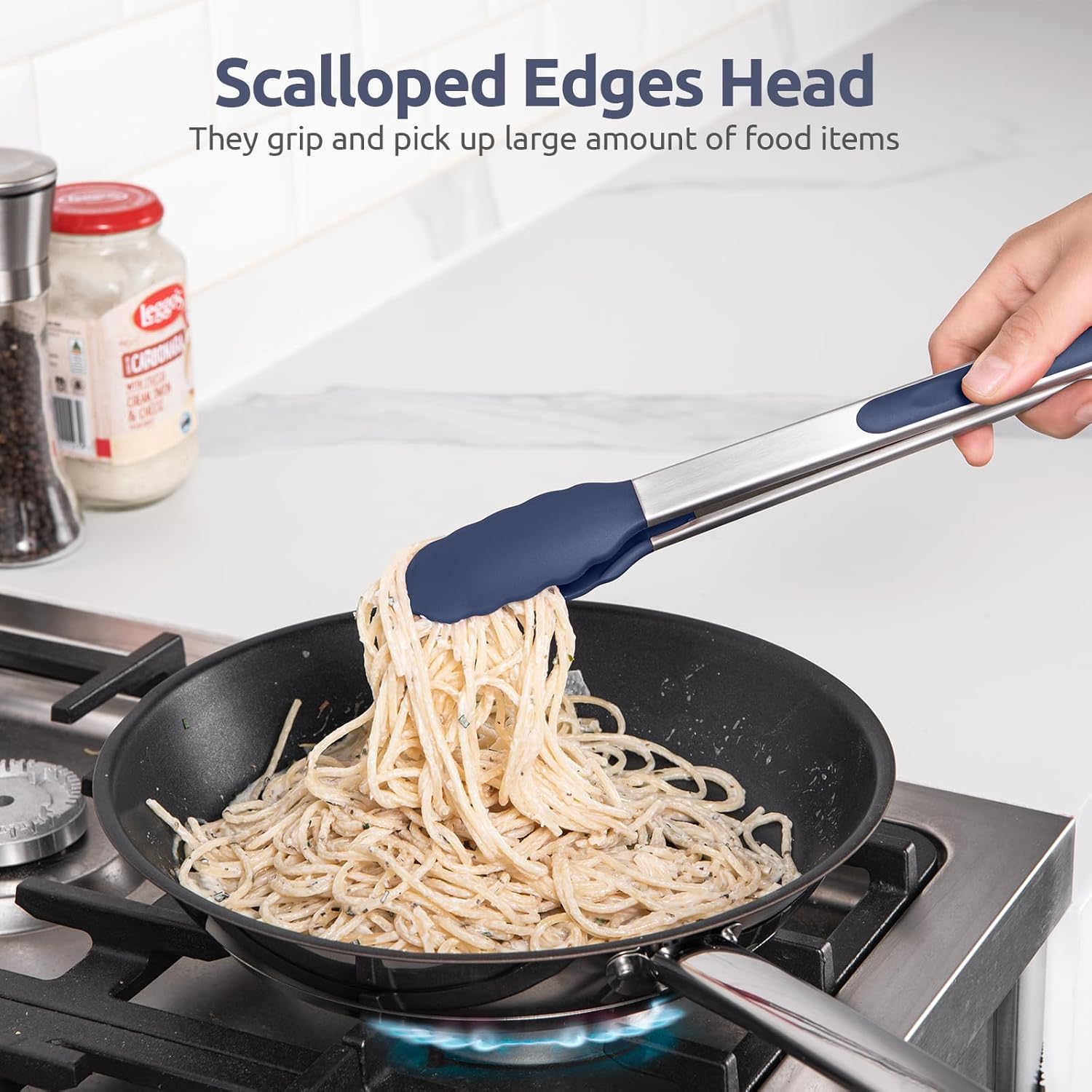 600ºF Heat Resistant Kitchen Tongs: 7/9/12 inch Silicone Cooking Tong Set with Non Stick Rubber Tips and Silicon Coated 18/8 Stainless Steel Handle for Serving Grilling Salad Midnight Blue