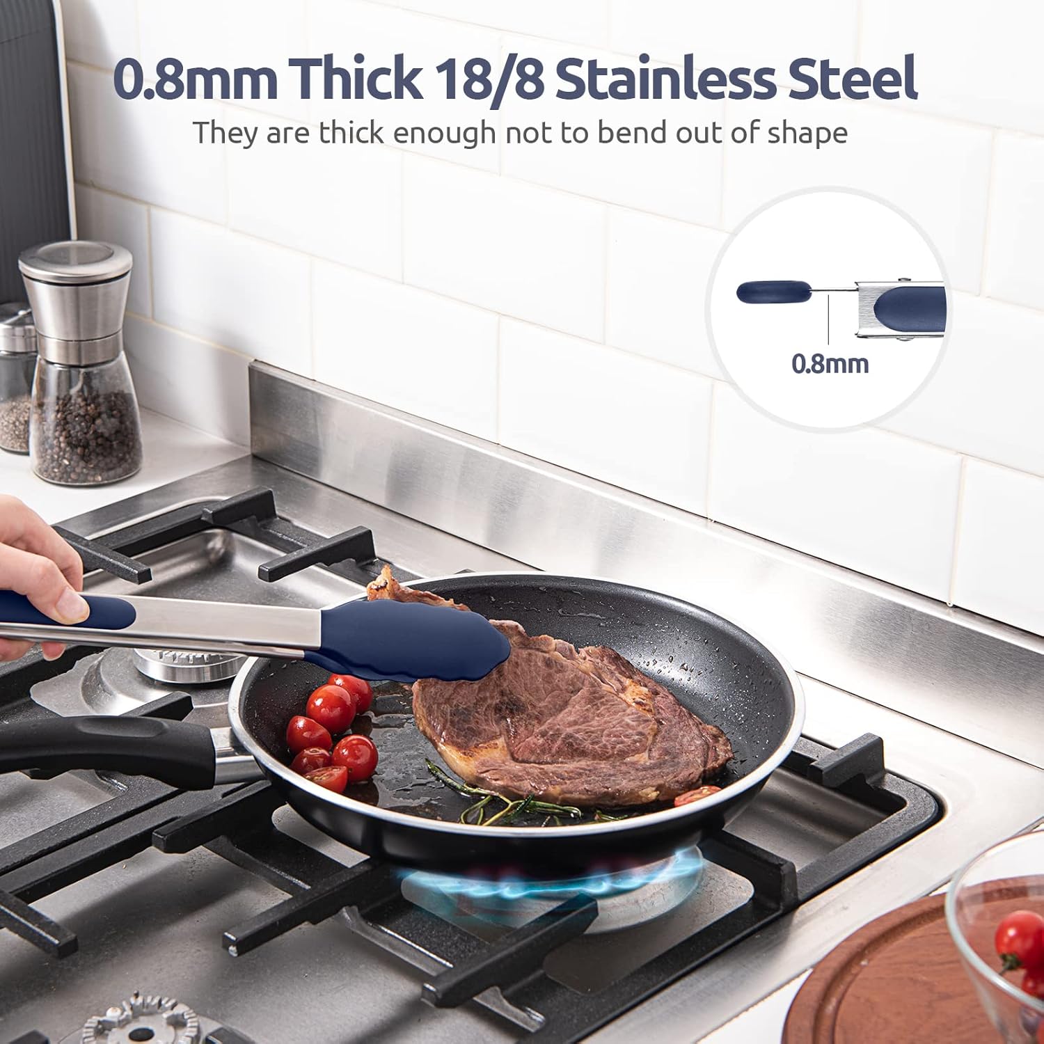 600ºF Heat Resistant Kitchen Tongs: 7/9/12 inch Silicone Cooking Tong Set with Non Stick Rubber Tips and Silicon Coated 18/8 Stainless Steel Handle for Serving Grilling Salad Midnight Blue
