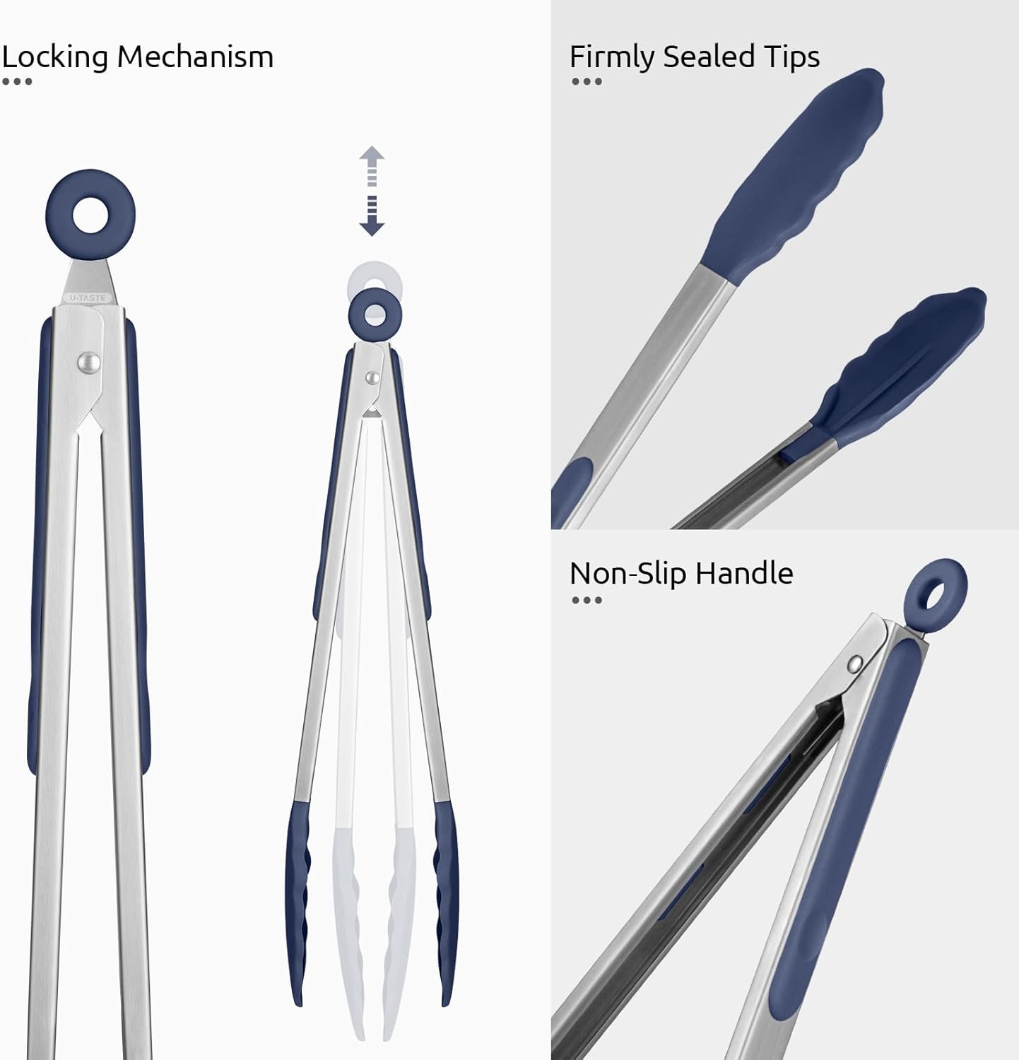 600ºF Heat Resistant Kitchen Tongs: 7/9/12 inch Silicone Cooking Tong Set with Non Stick Rubber Tips and Silicon Coated 18/8 Stainless Steel Handle for Serving Grilling Salad Midnight Blue
