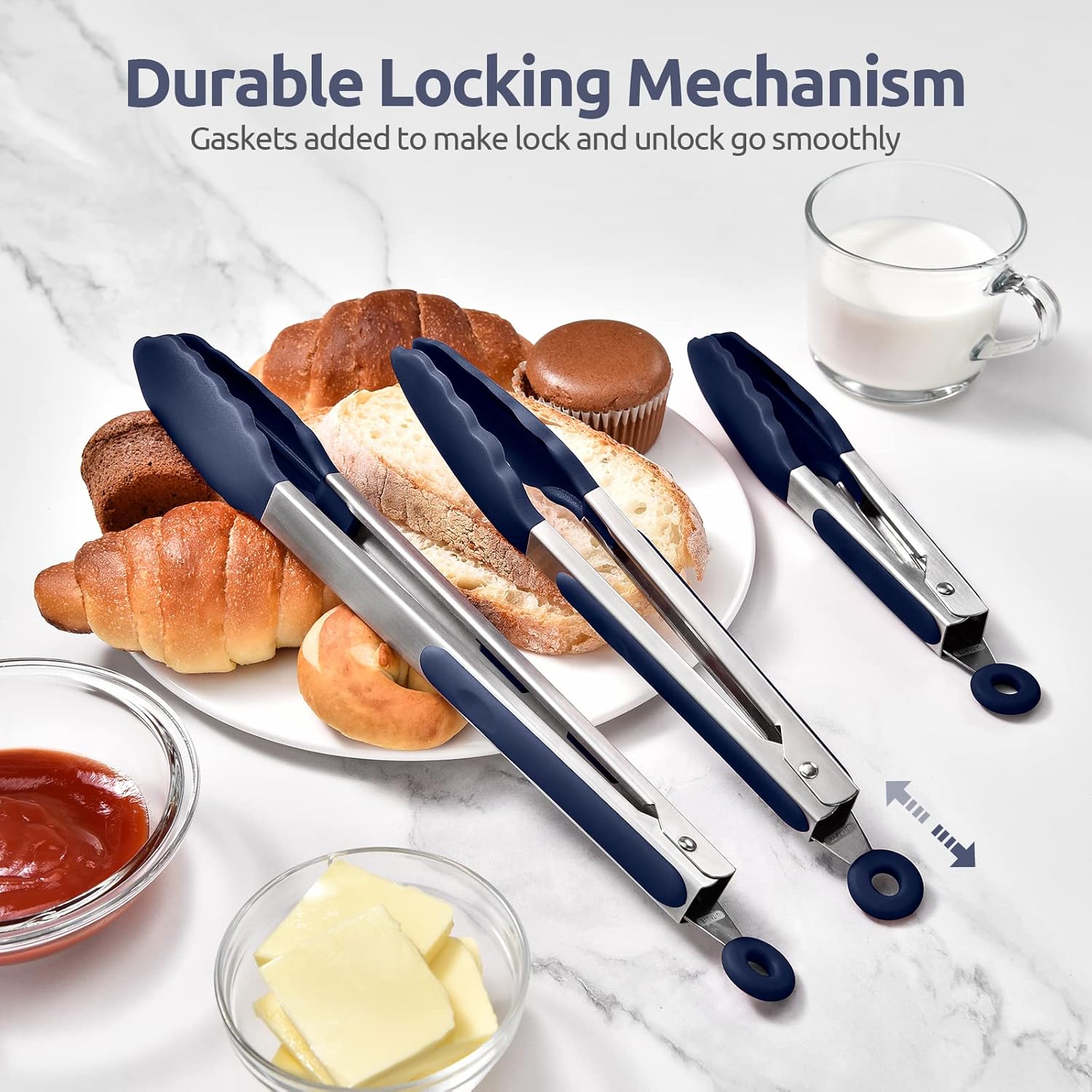600ºF Heat Resistant Kitchen Tongs: 7/9/12 inch Silicone Cooking Tong Set with Non Stick Rubber Tips and Silicon Coated 18/8 Stainless Steel Handle for Serving Grilling Salad Midnight Blue