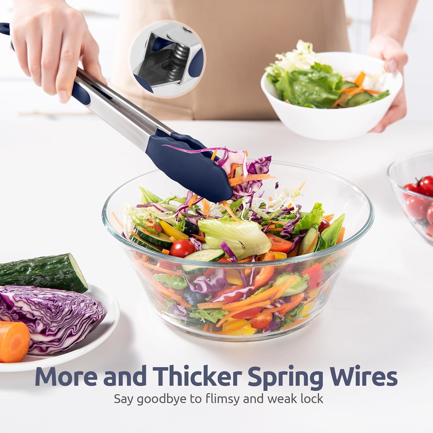 600ºF Heat Resistant Kitchen Tongs: 7/9/12 inch Silicone Cooking Tong Set with Non Stick Rubber Tips and Silicon Coated 18/8 Stainless Steel Handle for Serving Grilling Salad Midnight Blue