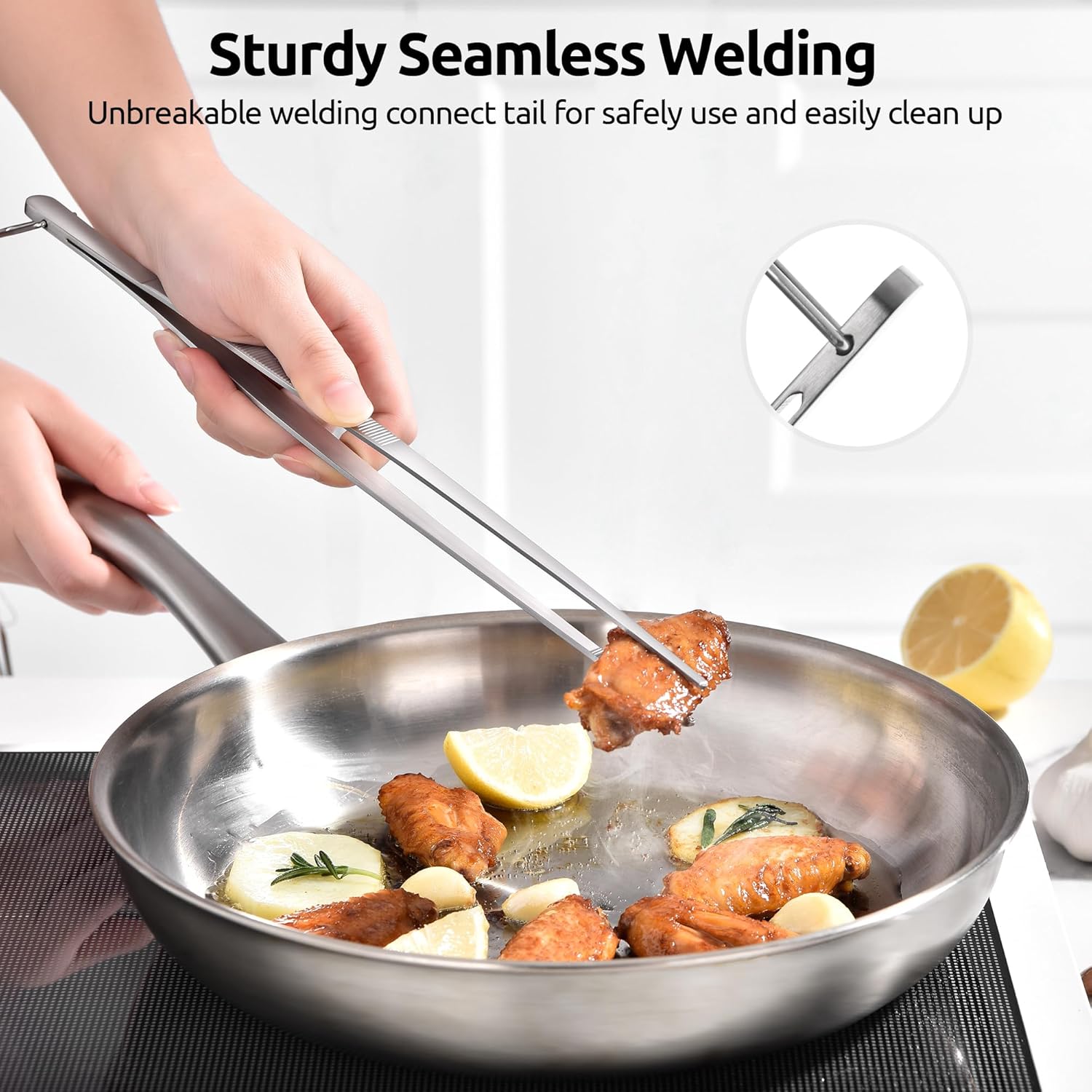 12" Kitchen Cooking Tweezer Set: 18/8 Stainless Steel Food-Grade Metal Food Tong, Flexible Pinching, Seamless-Welding, Sturdy and Non-Slip for Serving, Grilling, Frying Round & Pointed Tip