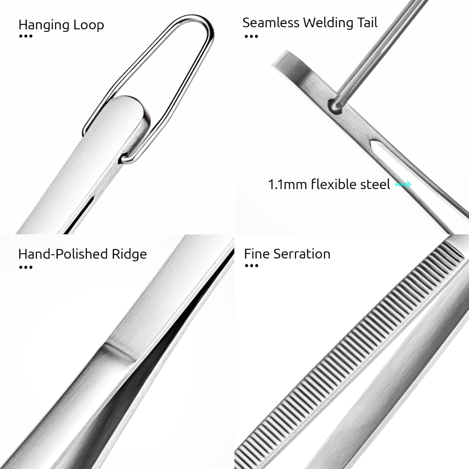 12" Kitchen Cooking Tweezer Set: 18/8 Stainless Steel Food-Grade Metal Food Tong, Flexible Pinching, Seamless-Welding, Sturdy and Non-Slip for Serving, Grilling, Frying Round & Pointed Tip
