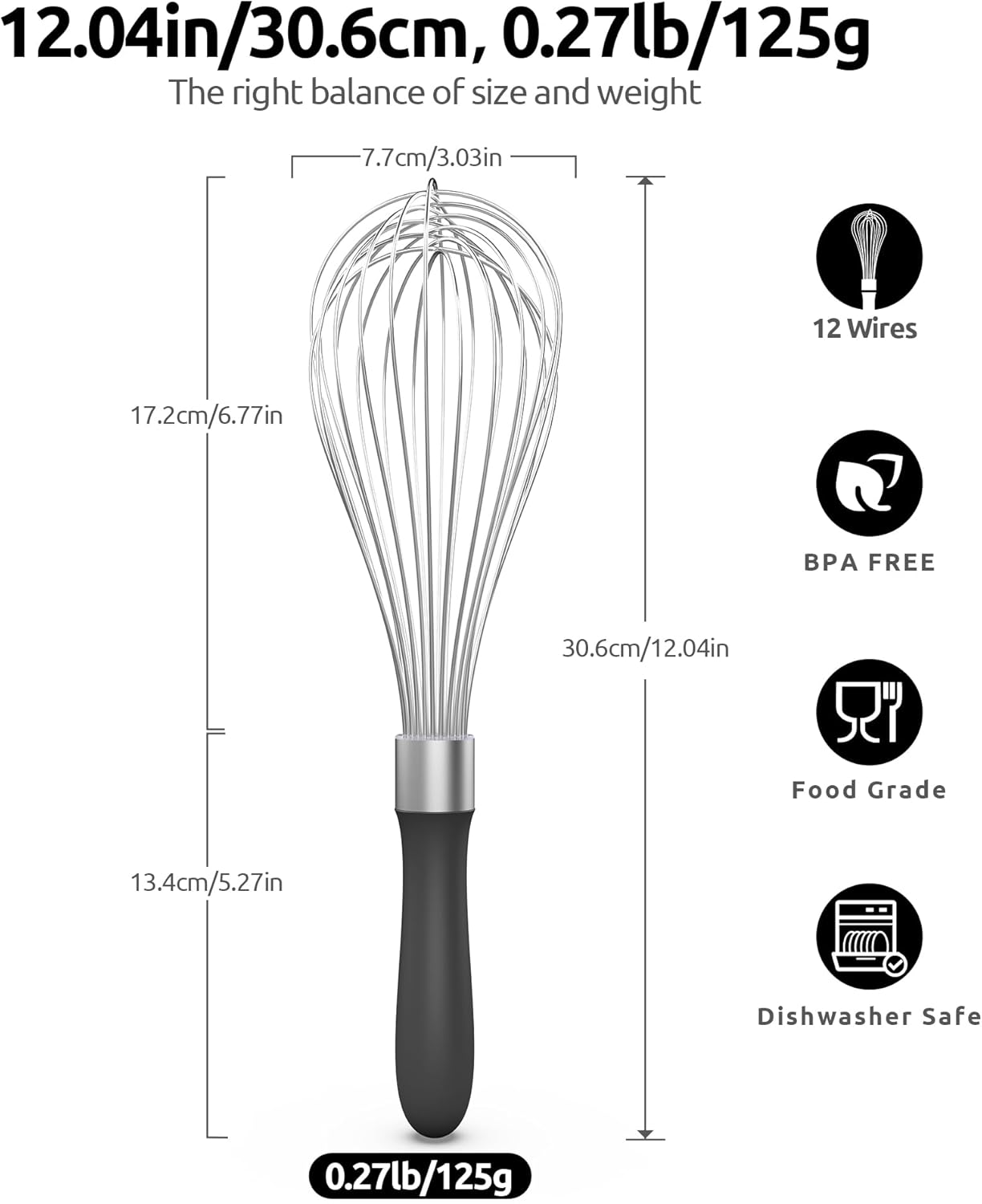 Balloon Whisk for Cooking: 18/10 Stainless Steel Kitchen Wire Whisk, 12in Large Heavy Duty Egg Beater, Manual Mixing Tool with 12 High Flex Wires for Stirring, Blending Sauce Black