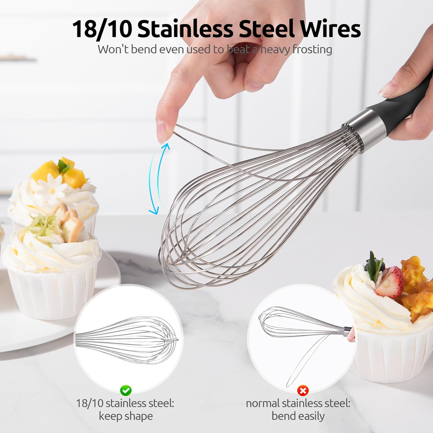 Balloon Whisk for Cooking: 18/10 Stainless Steel Kitchen Wire Whisk, 12in Large Heavy Duty Egg Beater, Manual Mixing Tool with 12 High Flex Wires for Stirring, Blending Sauce Black