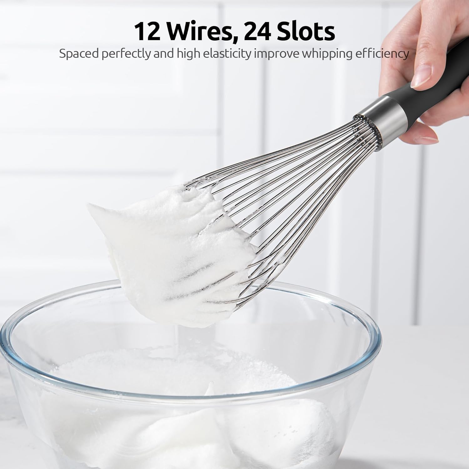 Balloon Whisk for Cooking: 18/10 Stainless Steel Kitchen Wire Whisk, 12in Large Heavy Duty Egg Beater, Manual Mixing Tool with 12 High Flex Wires for Stirring, Blending Sauce Black