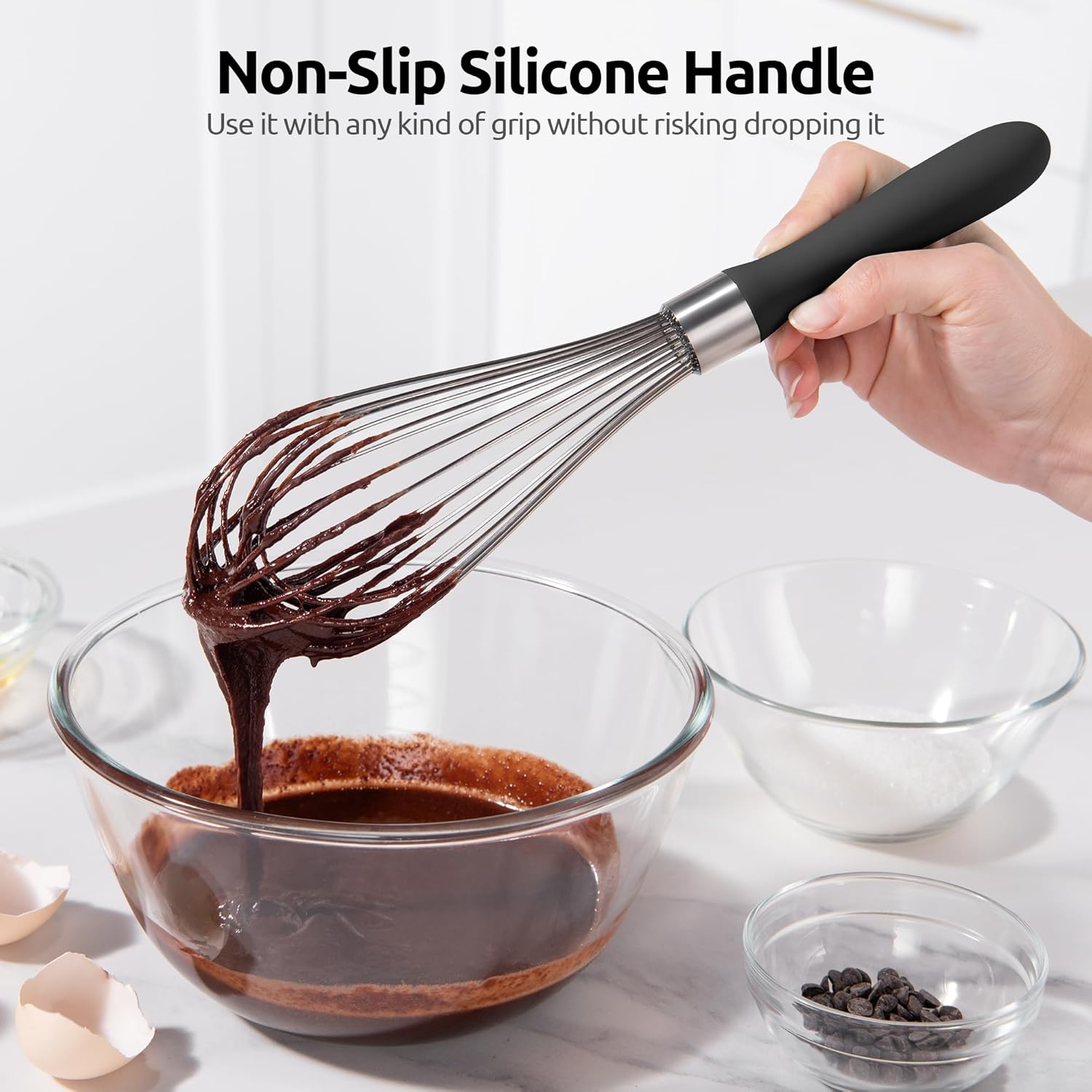 Balloon Whisk for Cooking: 18/10 Stainless Steel Kitchen Wire Whisk, 12in Large Heavy Duty Egg Beater, Manual Mixing Tool with 12 High Flex Wires for Stirring, Blending Sauce Black