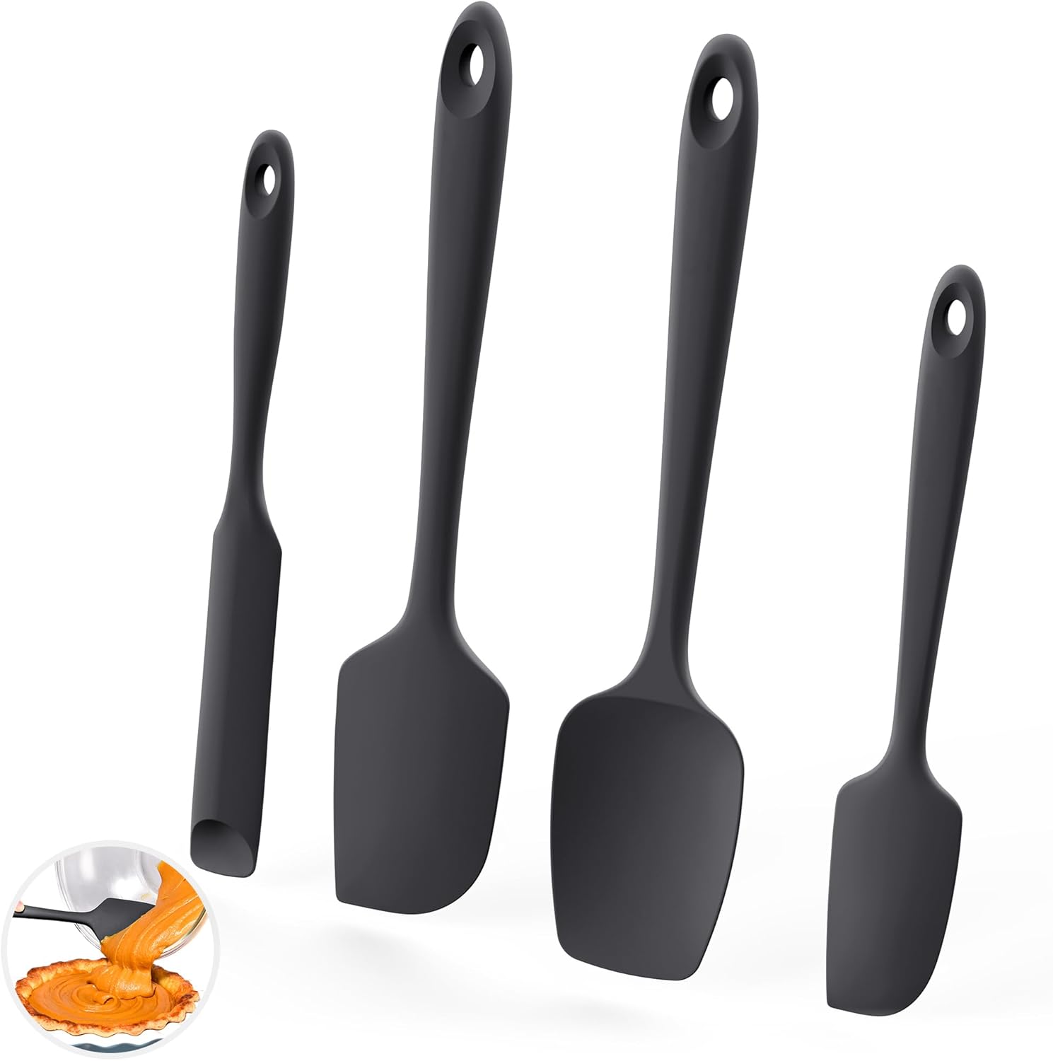 600ºF Heat Resistant Silicone Spatulas: Flexible Food-Grade Silicon Baking Scraper, Kitchen Cooking Mixing Utensils with Upgraded Sturdy Handle Tip for Nonstick Cookware 4-Pc., Black