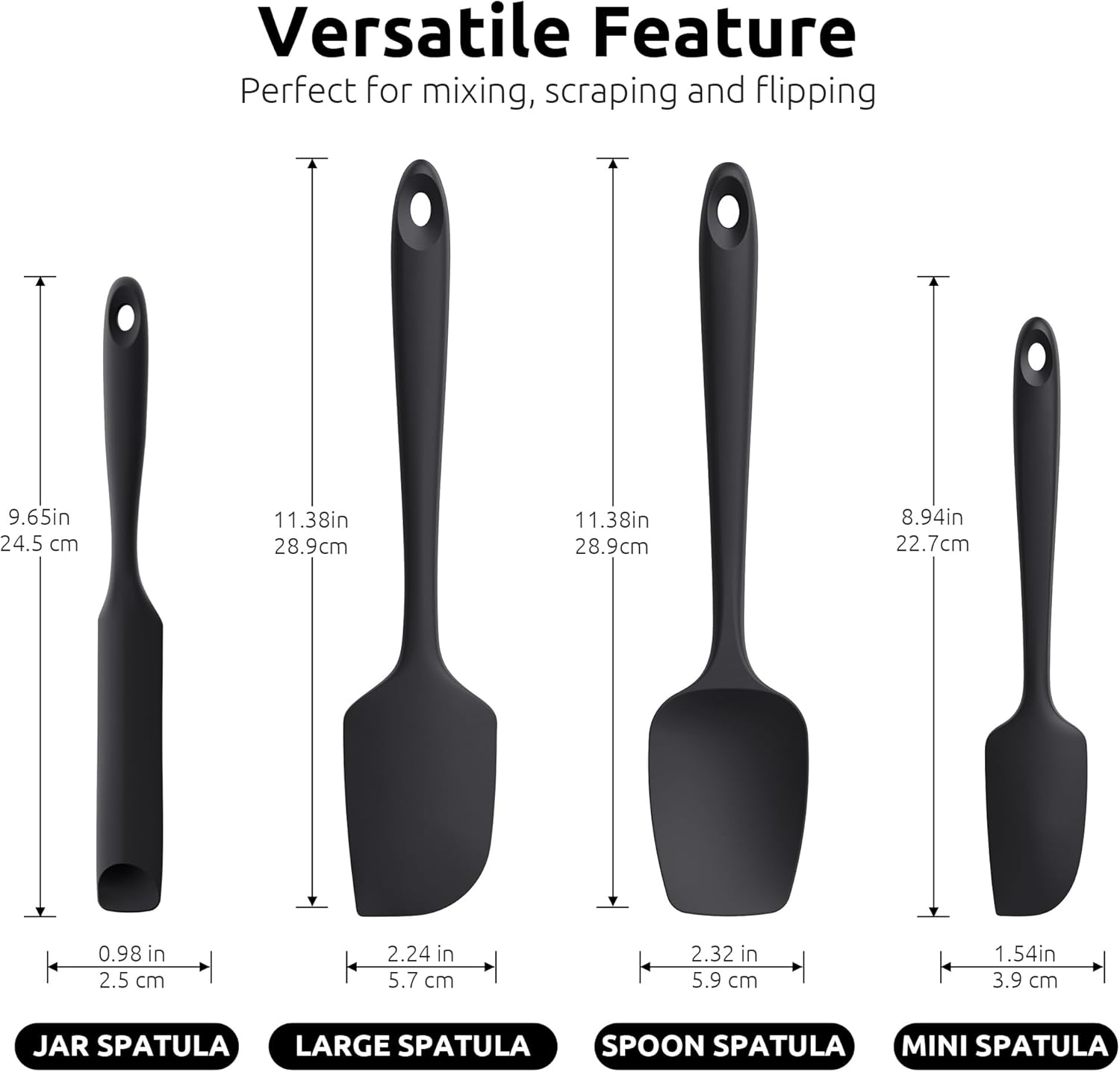 600ºF Heat Resistant Silicone Spatulas: Flexible Food-Grade Silicon Baking Scraper, Kitchen Cooking Mixing Utensils with Upgraded Sturdy Handle Tip for Nonstick Cookware 4-Pc., Black