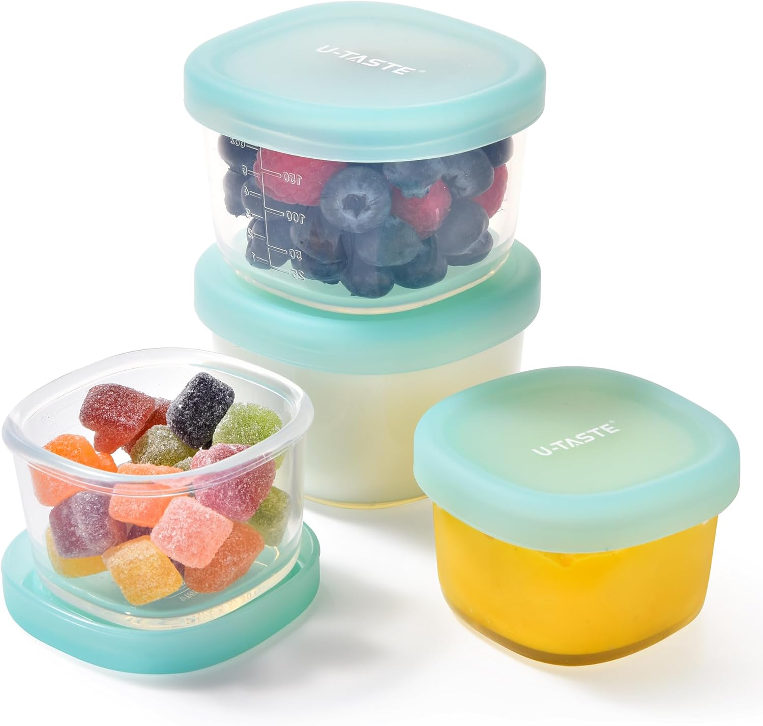 3oz 6oz Small Storage Containers: Food Grade Liquid-Silicone Freezer Box with Airtight Lid, Microwave Safe with Clear Measurements, Reusable for Meal Prepping Portion Set of 4, Aqua Sky