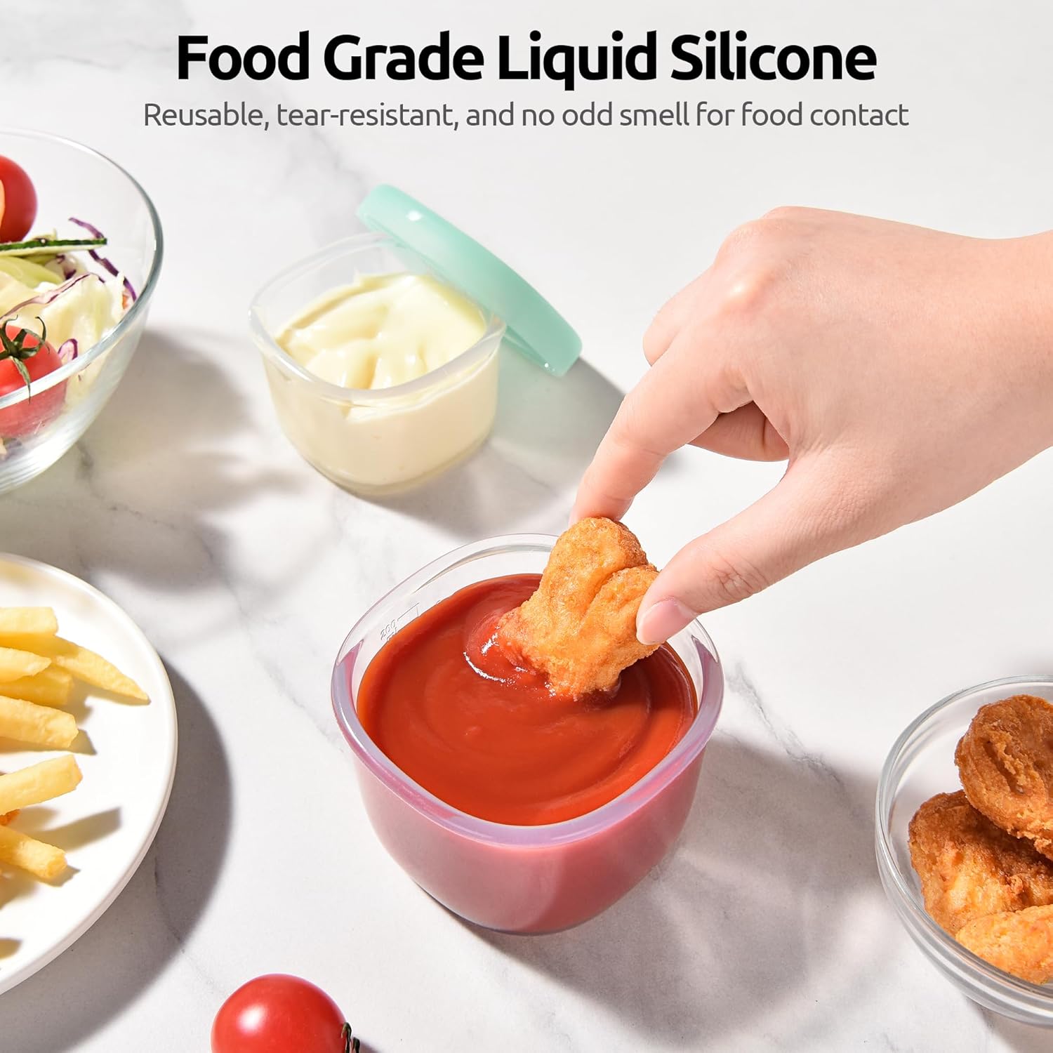 3oz 6oz Small Storage Containers: Food Grade Liquid-Silicone Freezer Box with Airtight Lid, Microwave Safe with Clear Measurements, Reusable for Meal Prepping Portion Set of 4, Aqua Sky