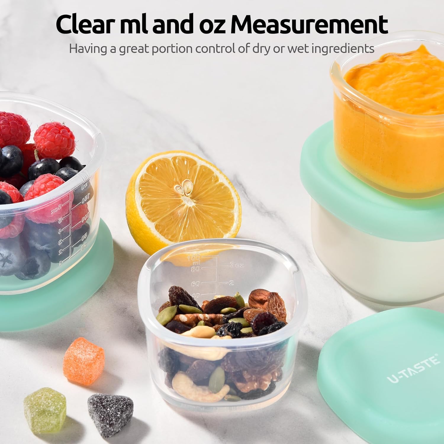 3oz 6oz Small Storage Containers: Food Grade Liquid-Silicone Freezer Box with Airtight Lid, Microwave Safe with Clear Measurements, Reusable for Meal Prepping Portion Set of 4, Aqua Sky