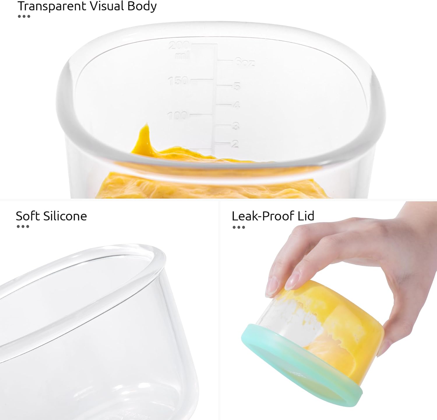 3oz 6oz Small Storage Containers: Food Grade Liquid-Silicone Freezer Box with Airtight Lid, Microwave Safe with Clear Measurements, Reusable for Meal Prepping Portion Set of 4, Aqua Sky