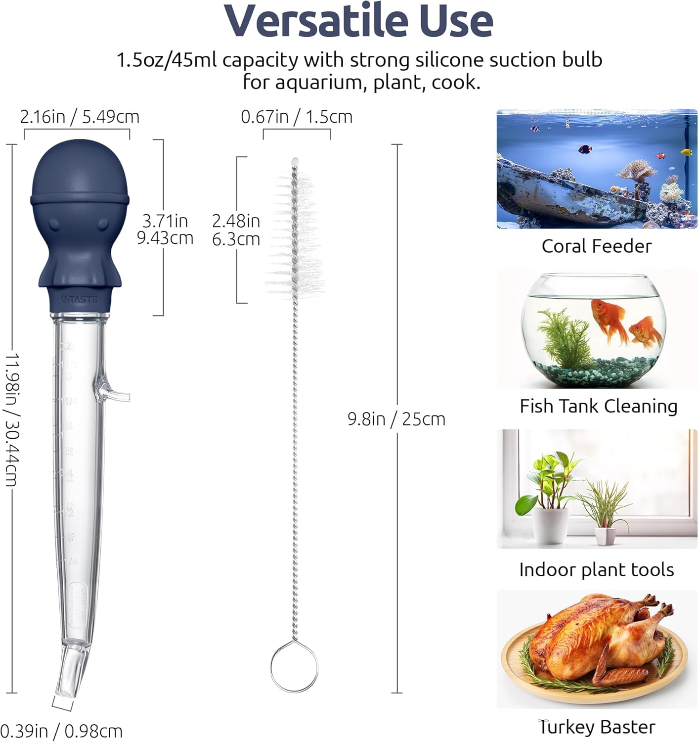 Aquarium Pipette Cleaner: 1.5oz Coral Feeder for Fish Tank Cleaning, Manual Feeding Tube, Food Grade Siphon Dropper, Waste Remover with Strong Suction & Stand & Brush 11.98in, Midnight Blue