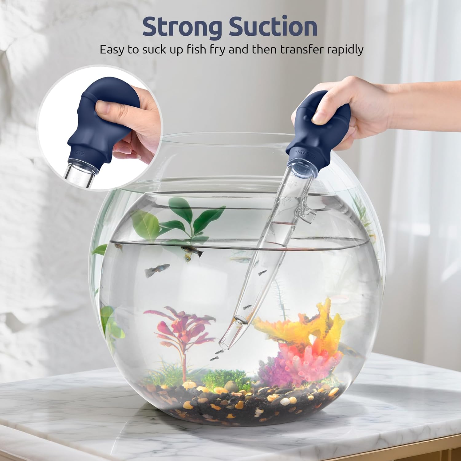 Aquarium Pipette Cleaner: 1.5oz Coral Feeder for Fish Tank Cleaning, Manual Feeding Tube, Food Grade Siphon Dropper, Waste Remover with Strong Suction & Stand & Brush 11.98in, Midnight Blue