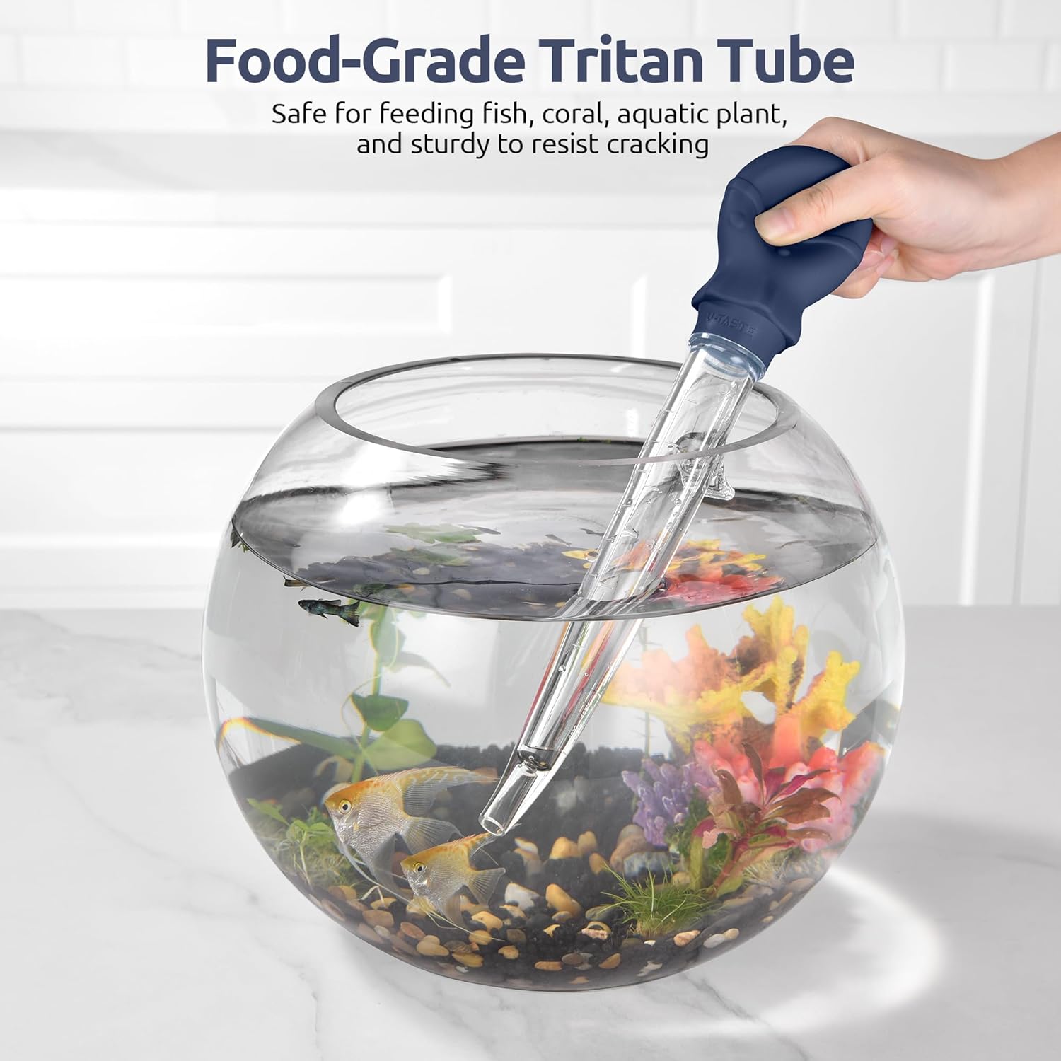 Aquarium Pipette Cleaner: 1.5oz Coral Feeder for Fish Tank Cleaning, Manual Feeding Tube, Food Grade Siphon Dropper, Waste Remover with Strong Suction & Stand & Brush 11.98in, Midnight Blue