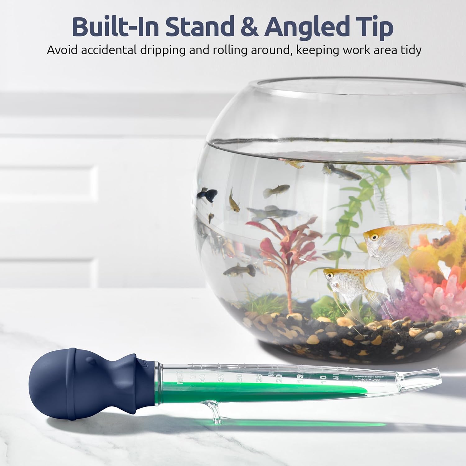 Aquarium Pipette Cleaner: 1.5oz Coral Feeder for Fish Tank Cleaning, Manual Feeding Tube, Food Grade Siphon Dropper, Waste Remover with Strong Suction & Stand & Brush 11.98in, Midnight Blue