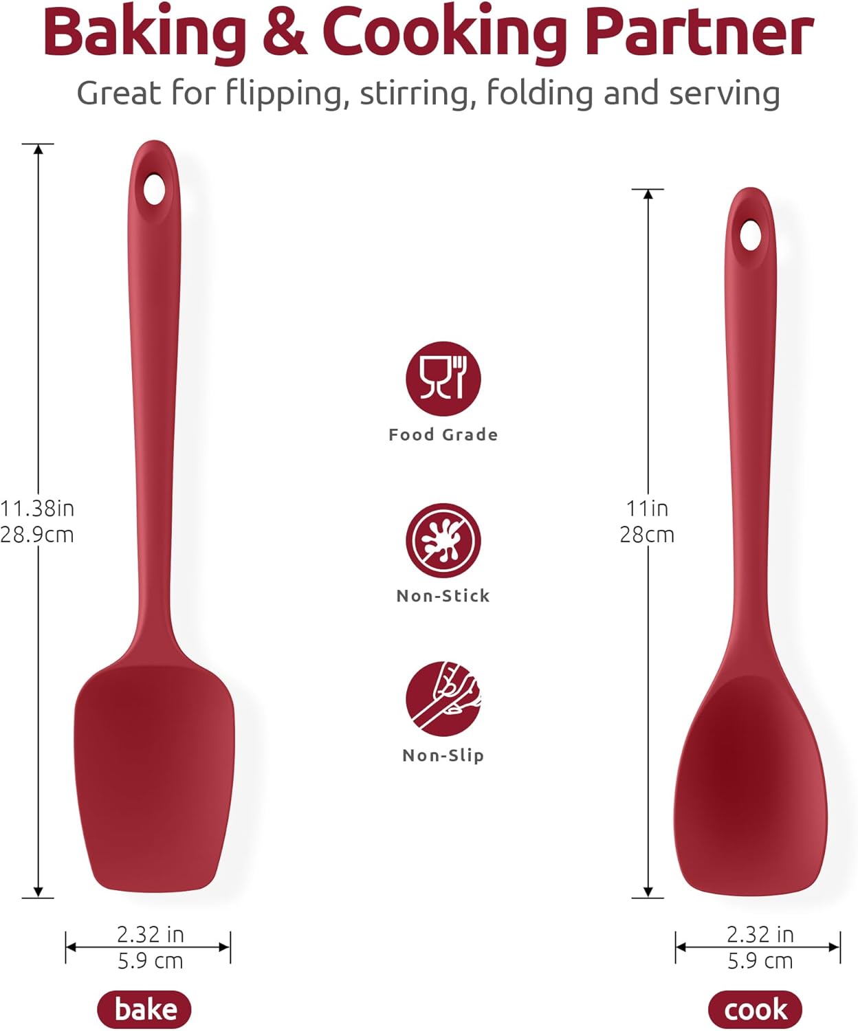 600ºF Heat Resistant Silicone Spoons: Flexible Baking Spoon Spatula & Cooking Scoop Spoonula, Seamless Soft Kitchen Utensils for Serving, Scraping, Scooping in Non-Stick Cookware Red