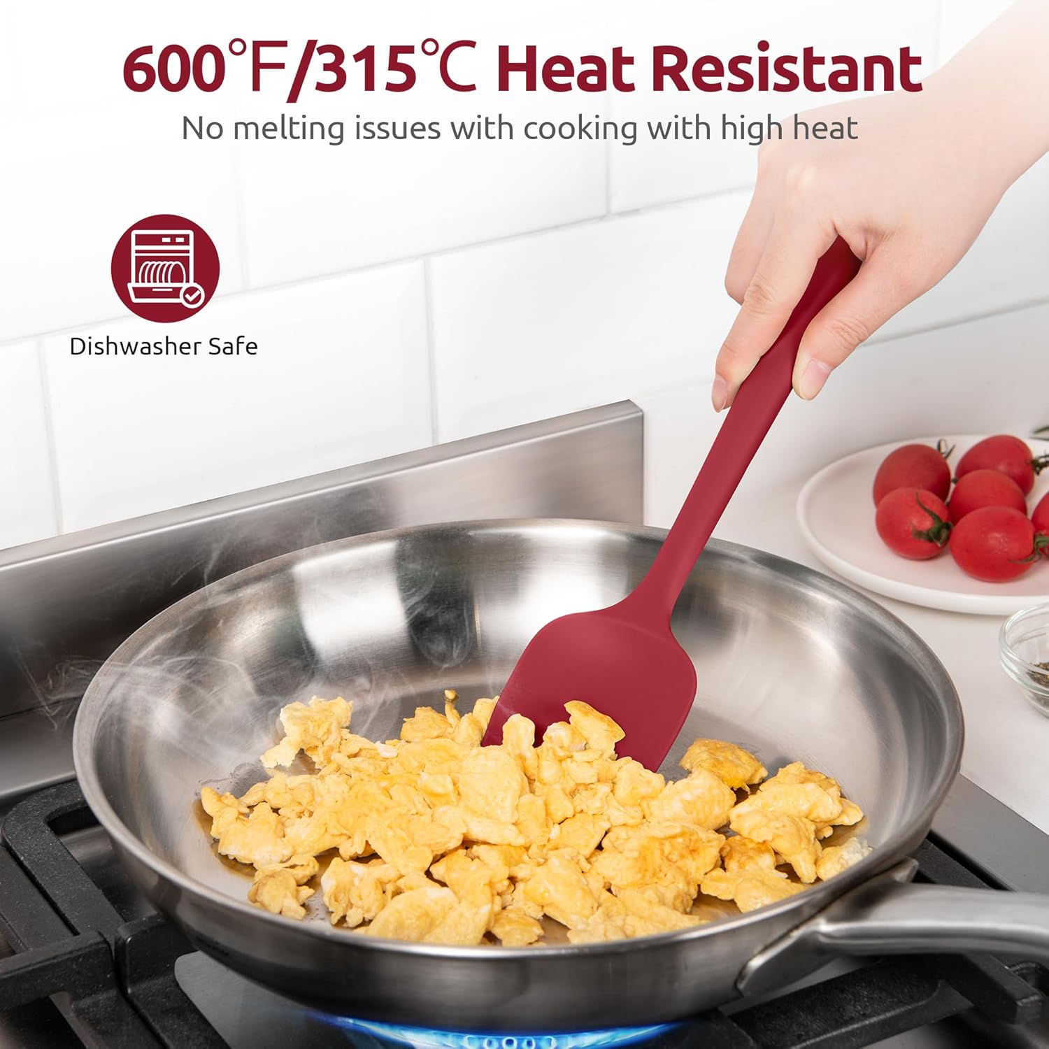 600ºF Heat Resistant Silicone Spoons: Flexible Baking Spoon Spatula & Cooking Scoop Spoonula, Seamless Soft Kitchen Utensils for Serving, Scraping, Scooping in Non-Stick Cookware Red