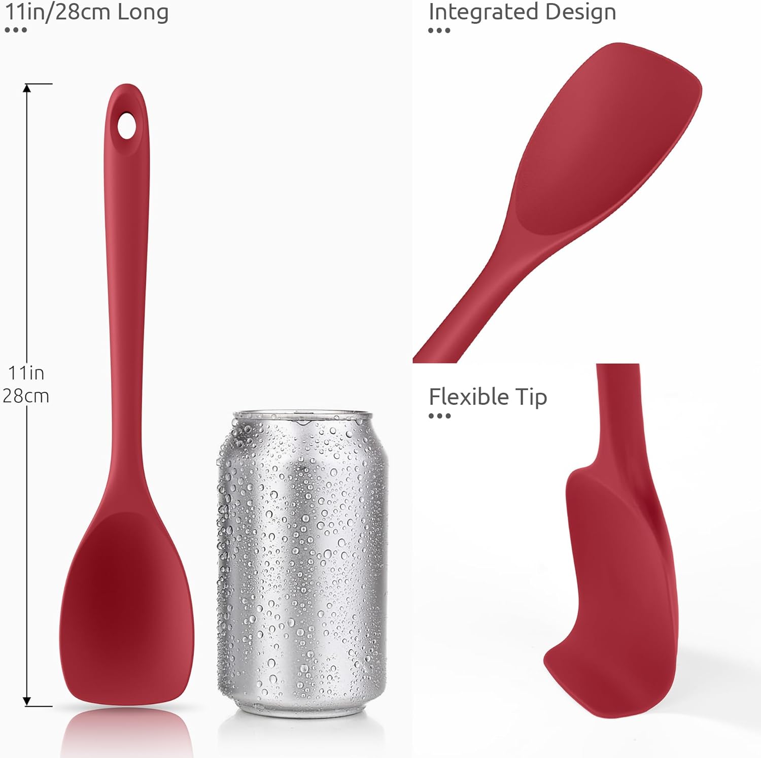 600ºF Heat Resistant Silicone Spoons: Flexible Baking Spoon Spatula & Cooking Scoop Spoonula, Seamless Soft Kitchen Utensils for Serving, Scraping, Scooping in Non-Stick Cookware Red