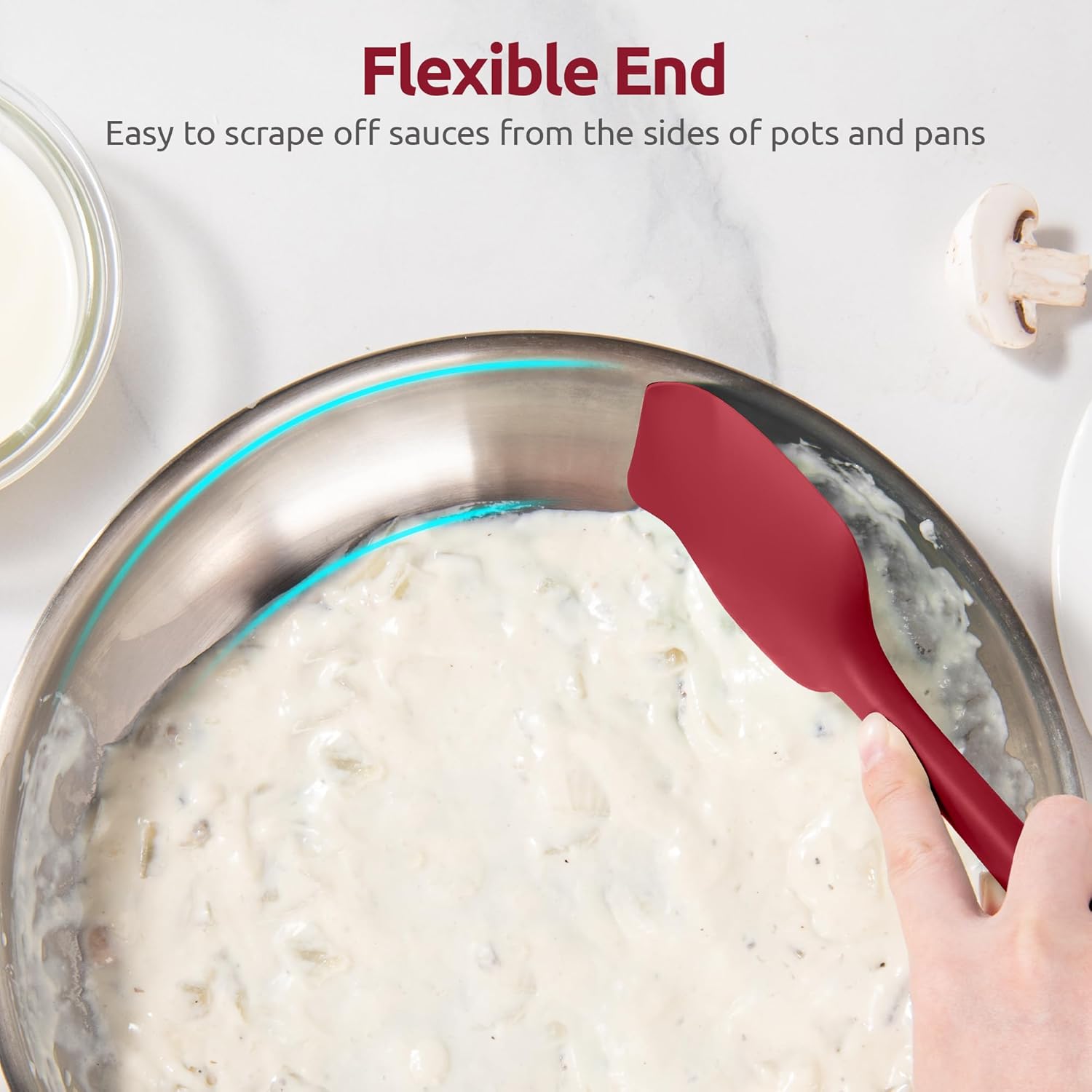 600ºF Heat Resistant Silicone Spoons: Flexible Baking Spoon Spatula & Cooking Scoop Spoonula, Seamless Soft Kitchen Utensils for Serving, Scraping, Scooping in Non-Stick Cookware Red