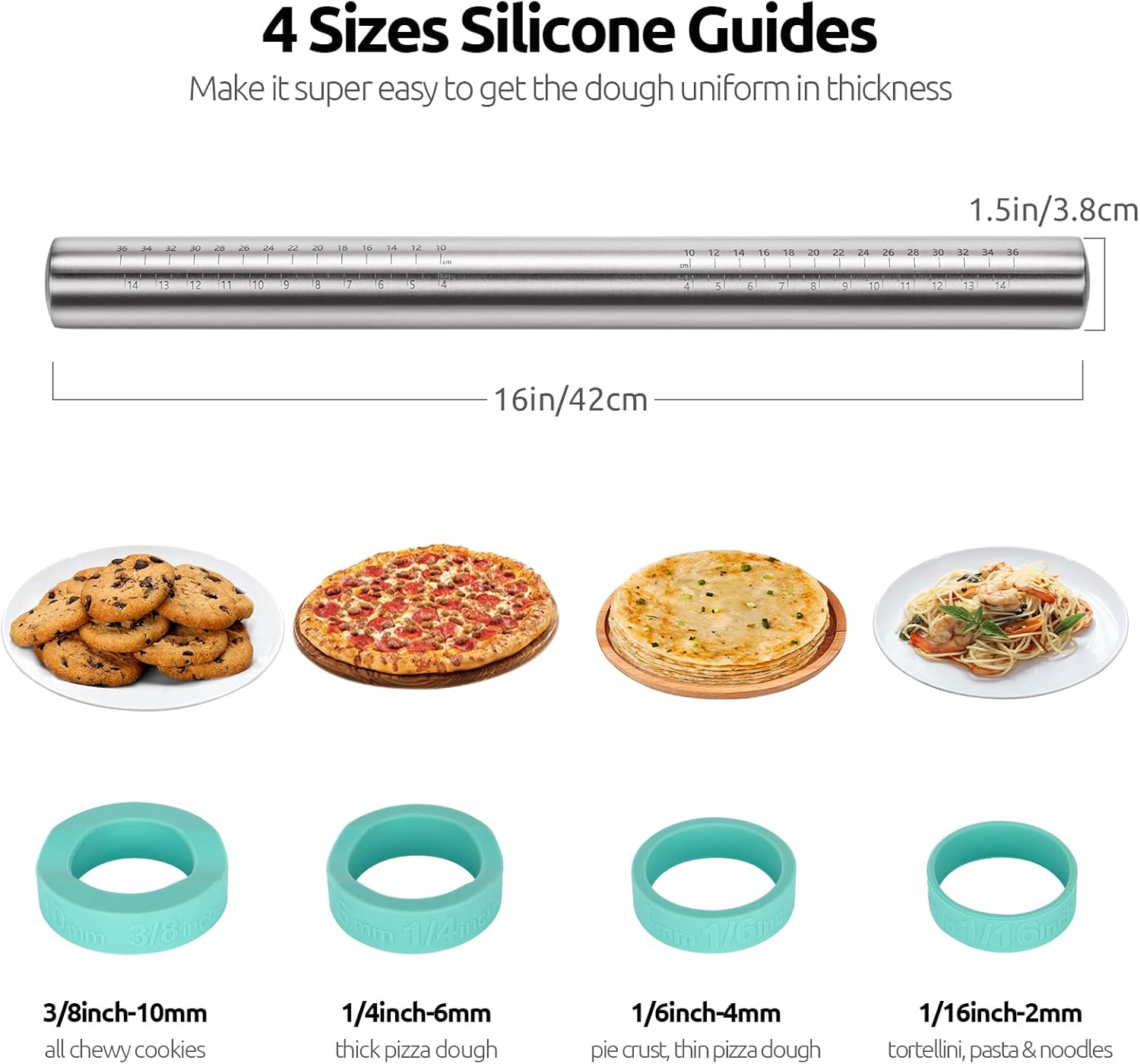 18/8 Stainless Steel 16 inch Adjustable Rolling Pin with Silicone Removable Thickness Rings, Nonstick Kitchen Roller Pin for Baking Cookies Pastry Pizza Pasta Dough Fondant Teal/Aqua Sky