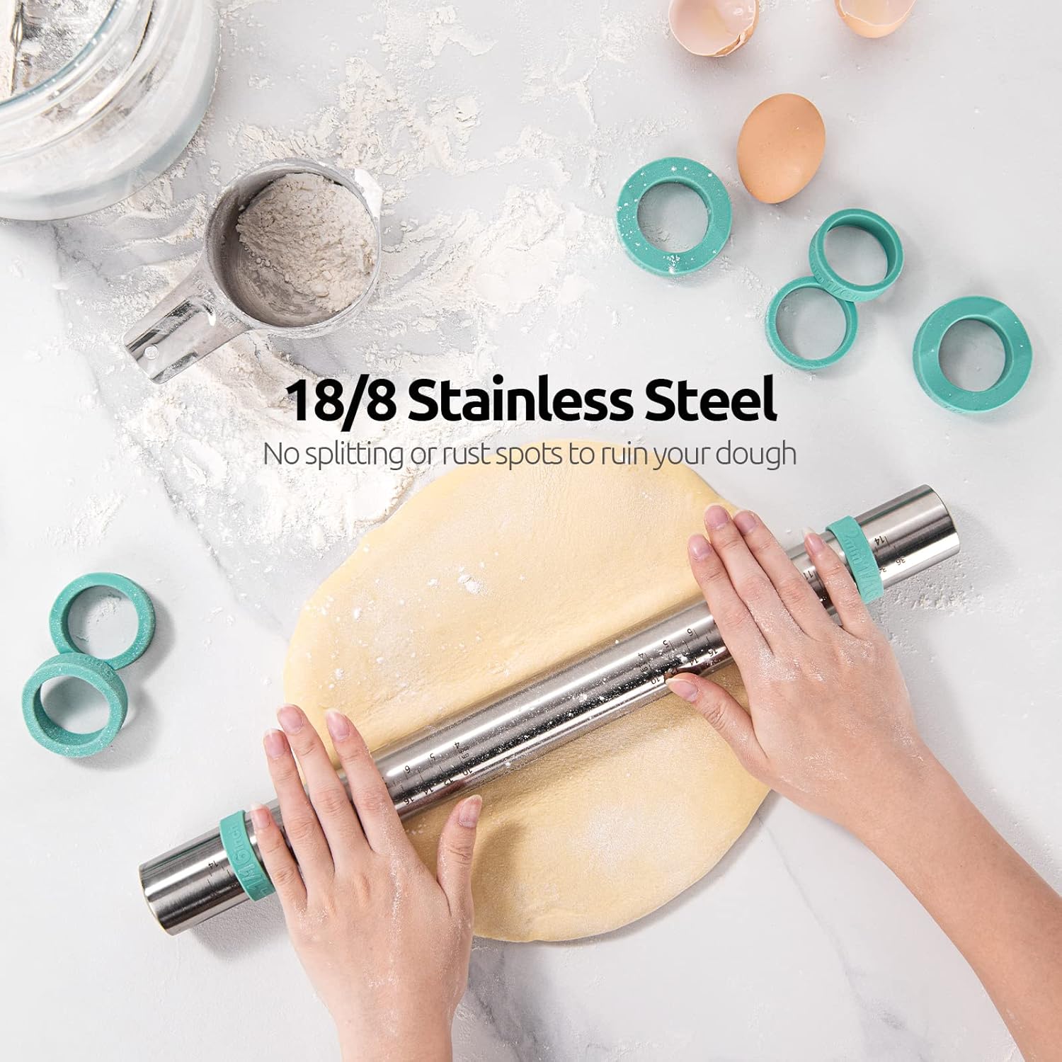 18/8 Stainless Steel 16 inch Adjustable Rolling Pin with Silicone Removable Thickness Rings, Nonstick Kitchen Roller Pin for Baking Cookies Pastry Pizza Pasta Dough Fondant Teal/Aqua Sky