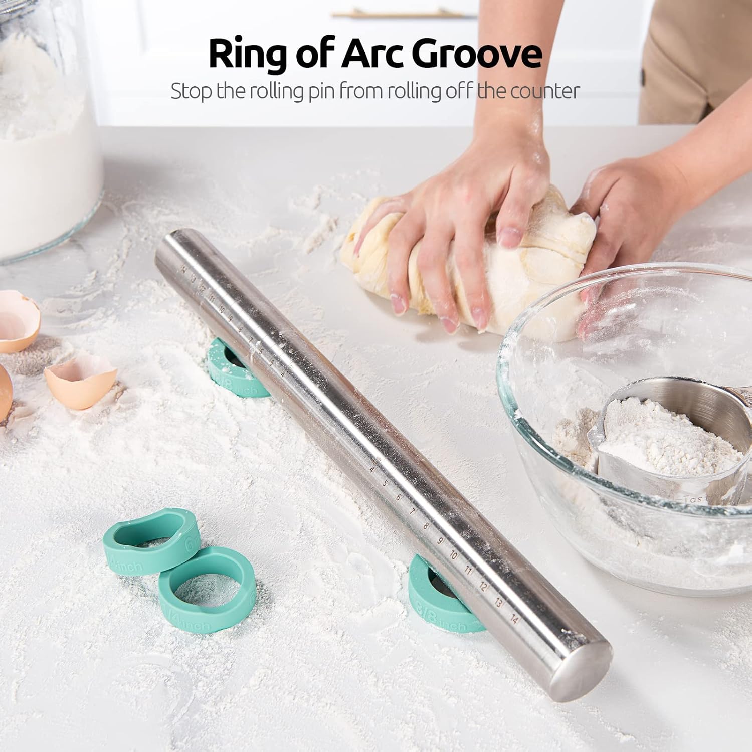 18/8 Stainless Steel 16 inch Adjustable Rolling Pin with Silicone Removable Thickness Rings, Nonstick Kitchen Roller Pin for Baking Cookies Pastry Pizza Pasta Dough Fondant Teal/Aqua Sky