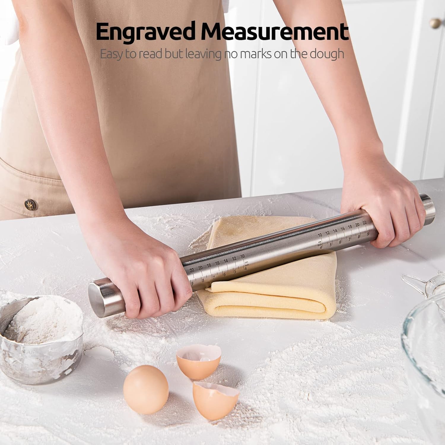 18/8 Stainless Steel 16 inch Adjustable Rolling Pin with Silicone Removable Thickness Rings, Nonstick Kitchen Roller Pin for Baking Cookies Pastry Pizza Pasta Dough Fondant Teal/Aqua Sky