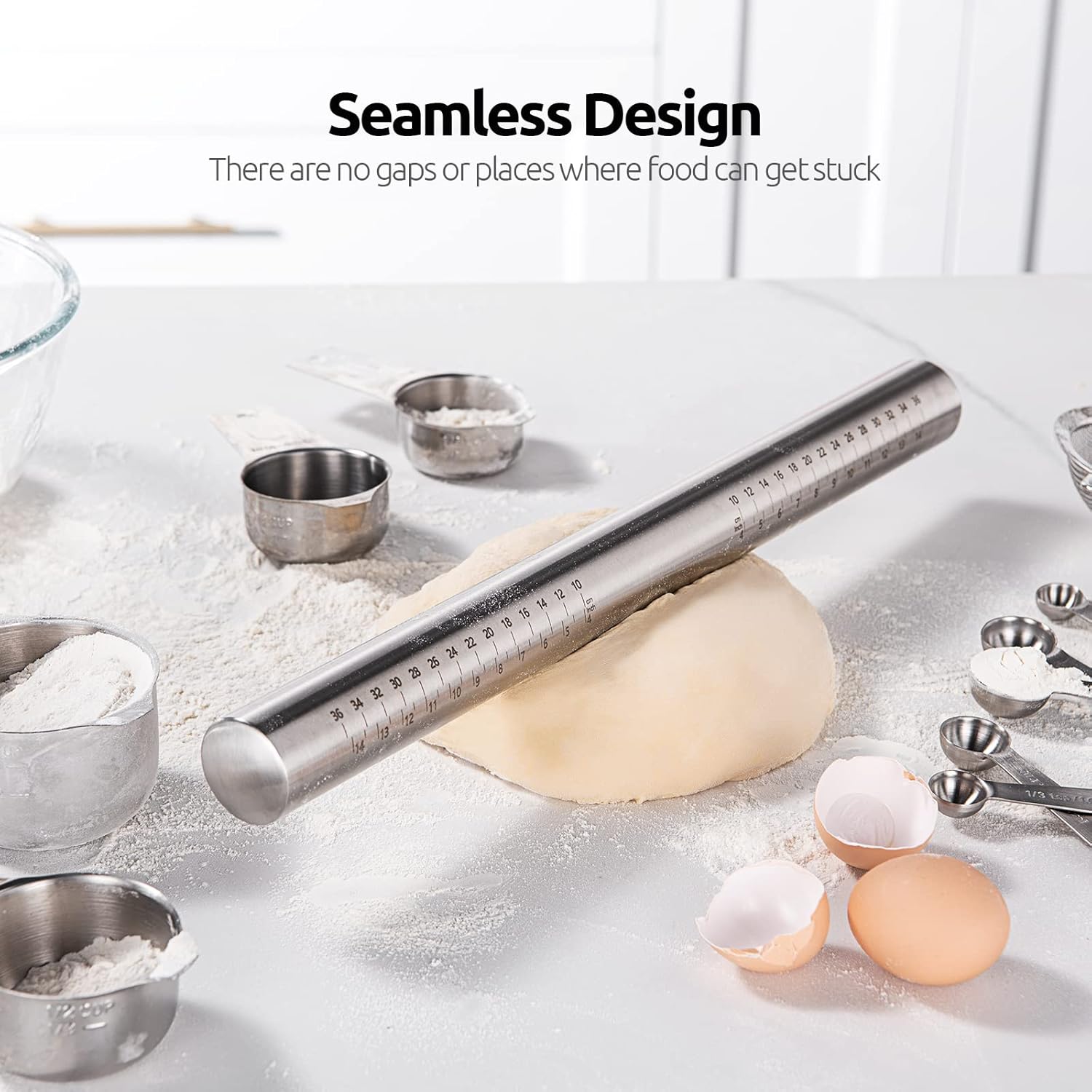 18/8 Stainless Steel 16 inch Adjustable Rolling Pin with Silicone Removable Thickness Rings, Nonstick Kitchen Roller Pin for Baking Cookies Pastry Pizza Pasta Dough Fondant Teal/Aqua Sky