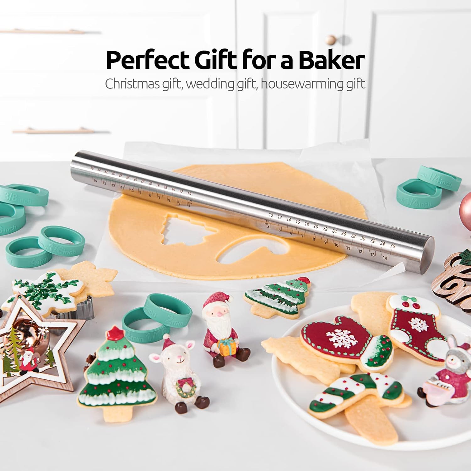 18/8 Stainless Steel 16 inch Adjustable Rolling Pin with Silicone Removable Thickness Rings, Nonstick Kitchen Roller Pin for Baking Cookies Pastry Pizza Pasta Dough Fondant Teal/Aqua Sky