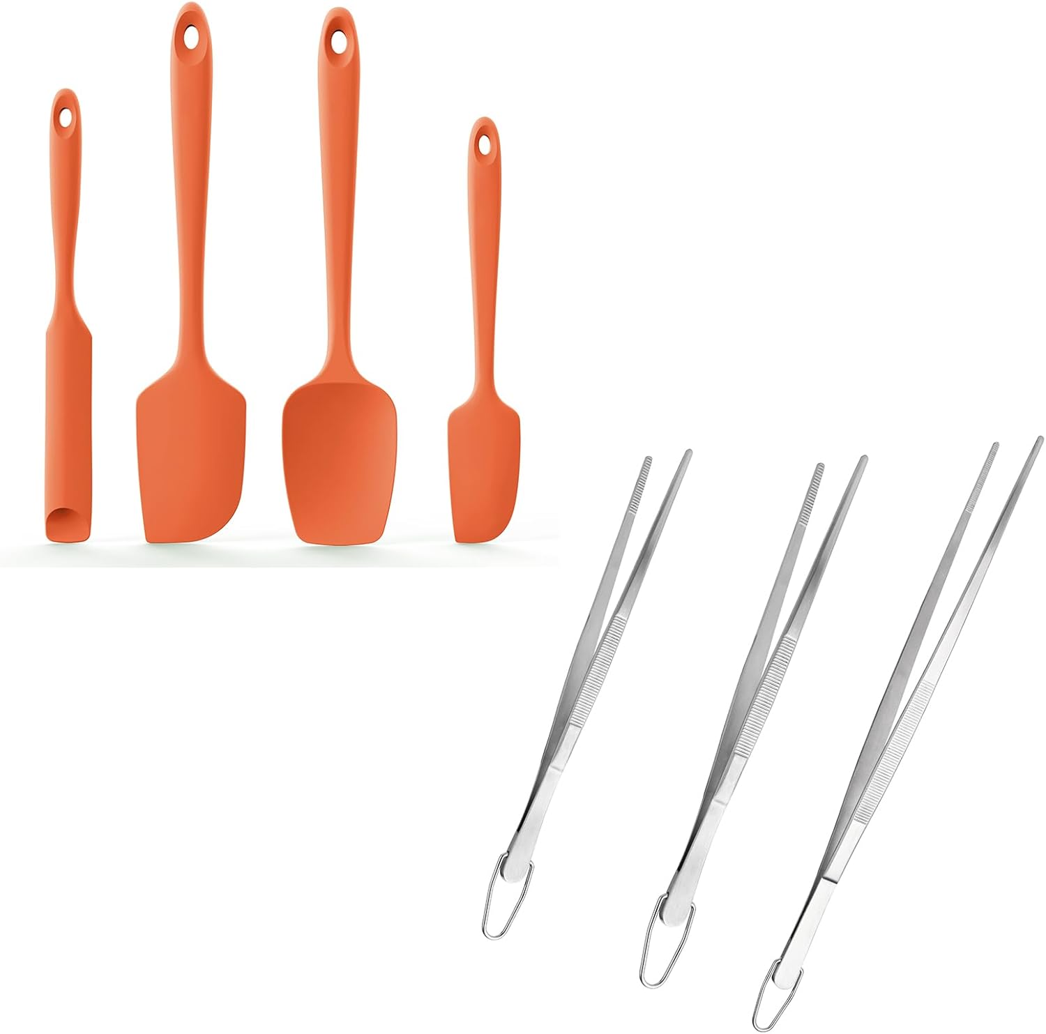 600ºF Heat Resistant Silicone Spatulas: Kitchen Cooking Mixing Utensils 4PCS, Orange and 8"+10"+12" Kitchen Cooking Tweezer: 18/8 Stainless Steel Food-Grade Metal Food Tong Pointed Tip