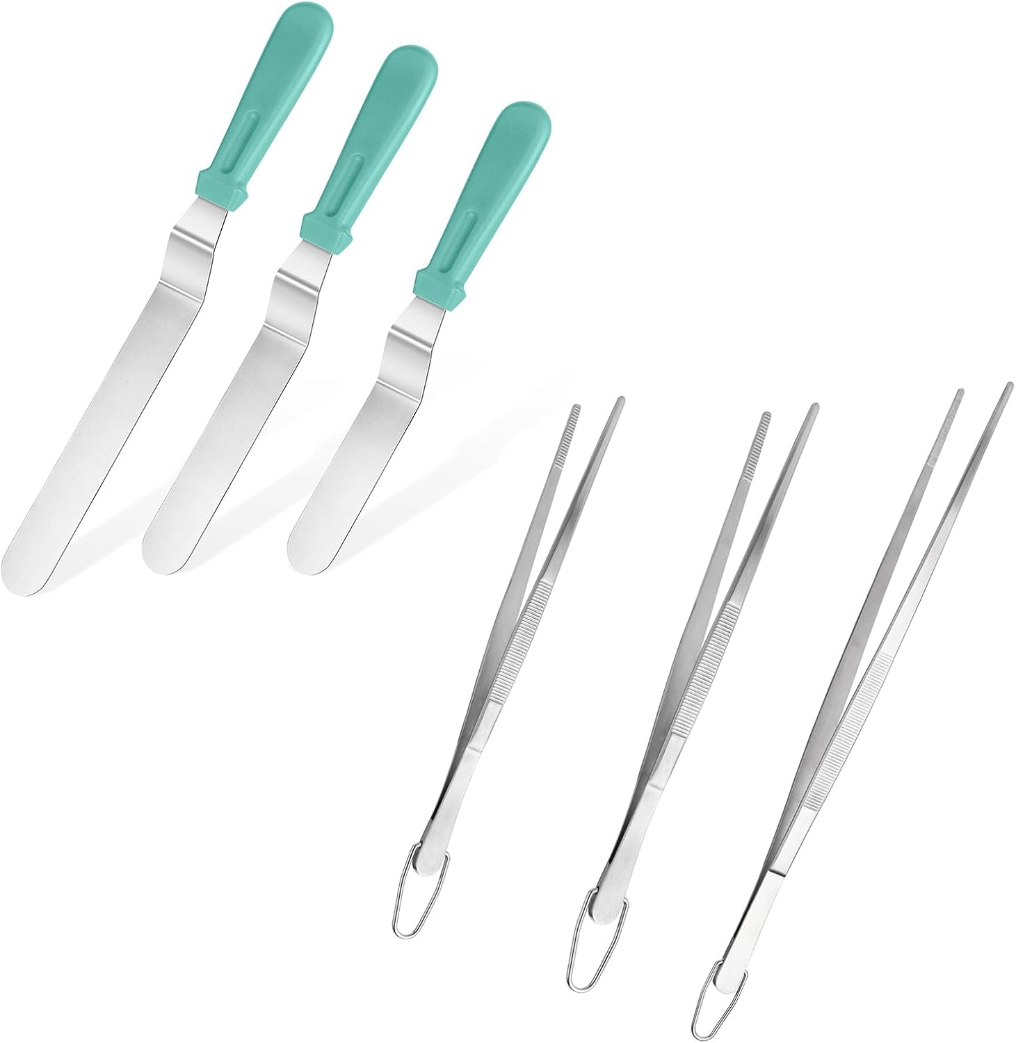 Icing Spatula, Stainless Steel Angled Cake Decorating Frosting Spatula Set of 3 Aqua Sky , and 8"+10"+12" Kitchen Cooking Tweezer: 18/8 Stainless Steel Metal Food Tong Pointed Tip