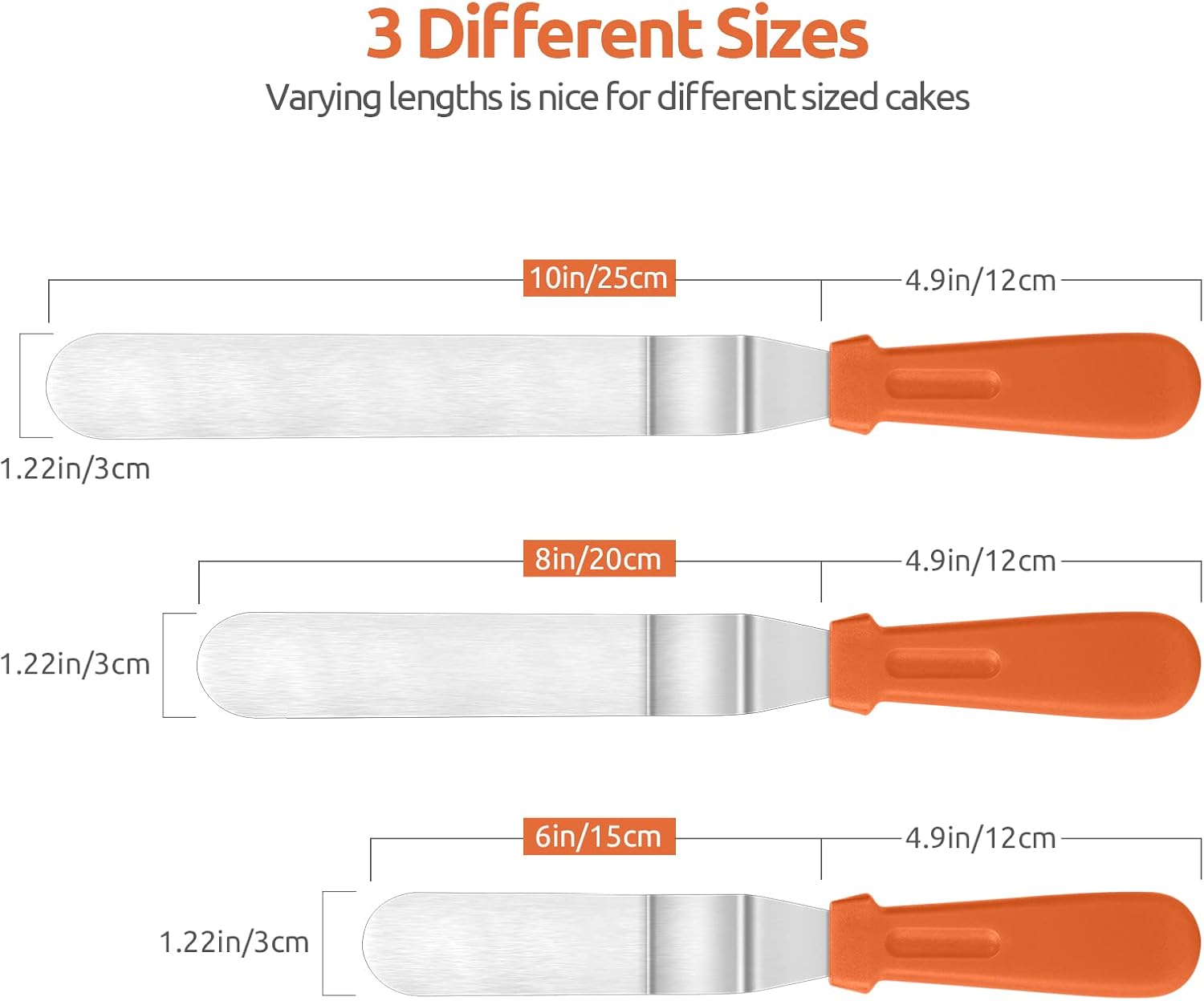 Icing Spatula, Stainless Steel Angled Cake Decorating Frosting Spatula Set of 3 Orange , and 8"+10"+12" Kitchen Cooking Tweezer: 18/8 Stainless Steel Metal Food Tong Pointed Tip