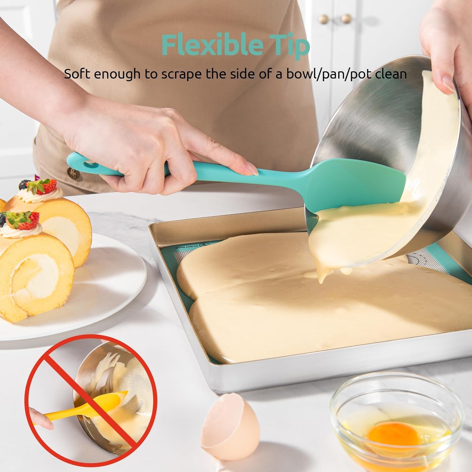 600ºF Heat Resistant Silicone Spatulas: Kitchen Cooking Mixing Utensils 4PCS, Aqua Sky and 8"+10"+12" Kitchen Cooking Tweezer: 18/8 Stainless Steel Food-Grade Metal Food Tong Pointed Tip