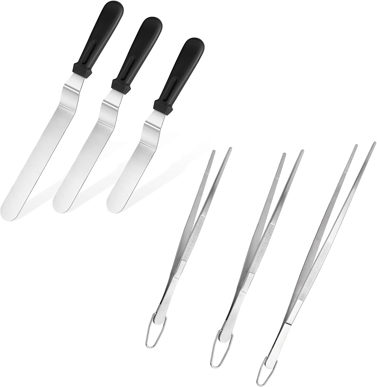 Icing Spatula, Stainless Steel Angled Cake Decorating Frosting Spatula Set of 3 Black , and 8"+10"+12" Kitchen Cooking Tweezer: 18/8 Stainless Steel Metal Food Tong Pointed Tip