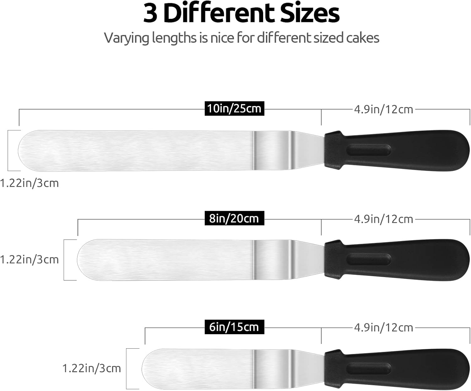 Icing Spatula, Stainless Steel Angled Cake Decorating Frosting Spatula Set of 3 Black , and 8"+10"+12" Kitchen Cooking Tweezer: 18/8 Stainless Steel Metal Food Tong Pointed Tip