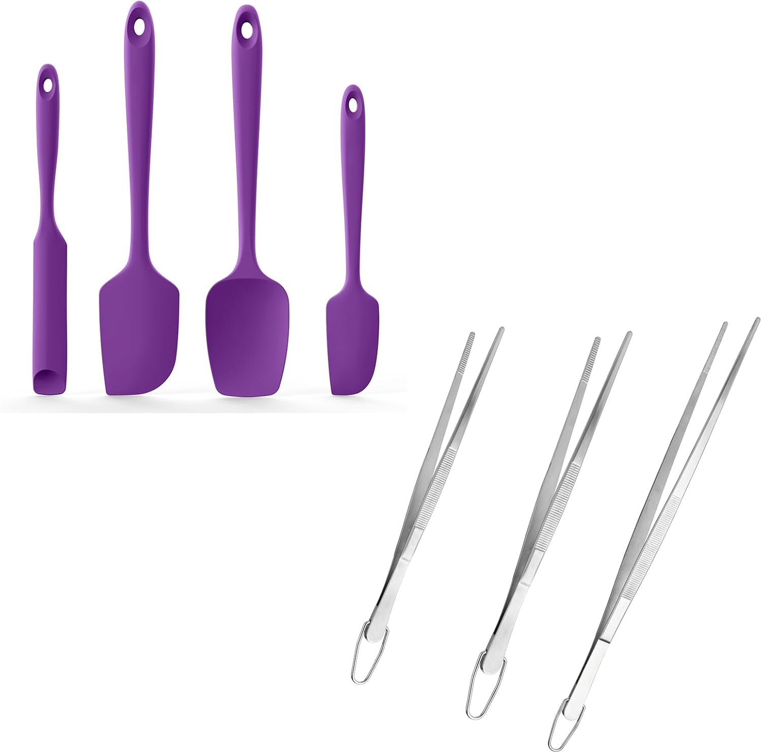 600ºF Heat Resistant Silicone Spatulas: Kitchen Cooking Mixing Utensils 4PCS, Purple and 8"+10"+12" Kitchen Cooking Tweezer: 18/8 Stainless Steel Food-Grade Metal Food Tong Pointed Tip