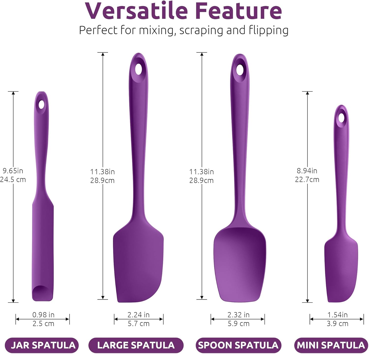 600ºF Heat Resistant Silicone Spatulas: Kitchen Cooking Mixing Utensils 4PCS, Purple and 8"+10"+12" Kitchen Cooking Tweezer: 18/8 Stainless Steel Food-Grade Metal Food Tong Pointed Tip