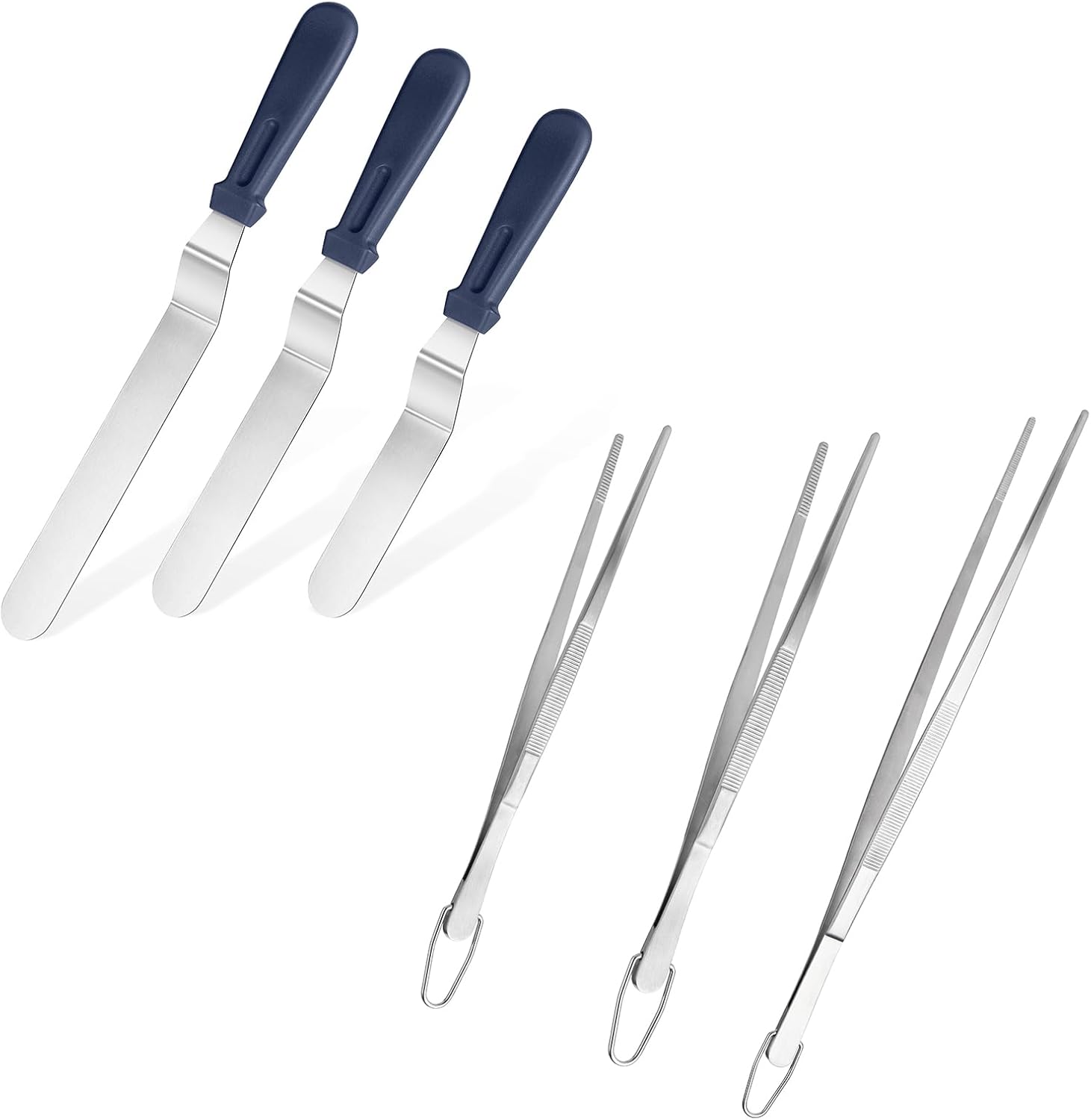 Icing Spatula, Stainless Steel Angled Cake Decorating Frosting Spatula Set of 3 Midnight Blue , and 8"+10"+12" Kitchen Cooking Tweezer: 18/8 Stainless Steel Metal Food Tong Pointed Tip