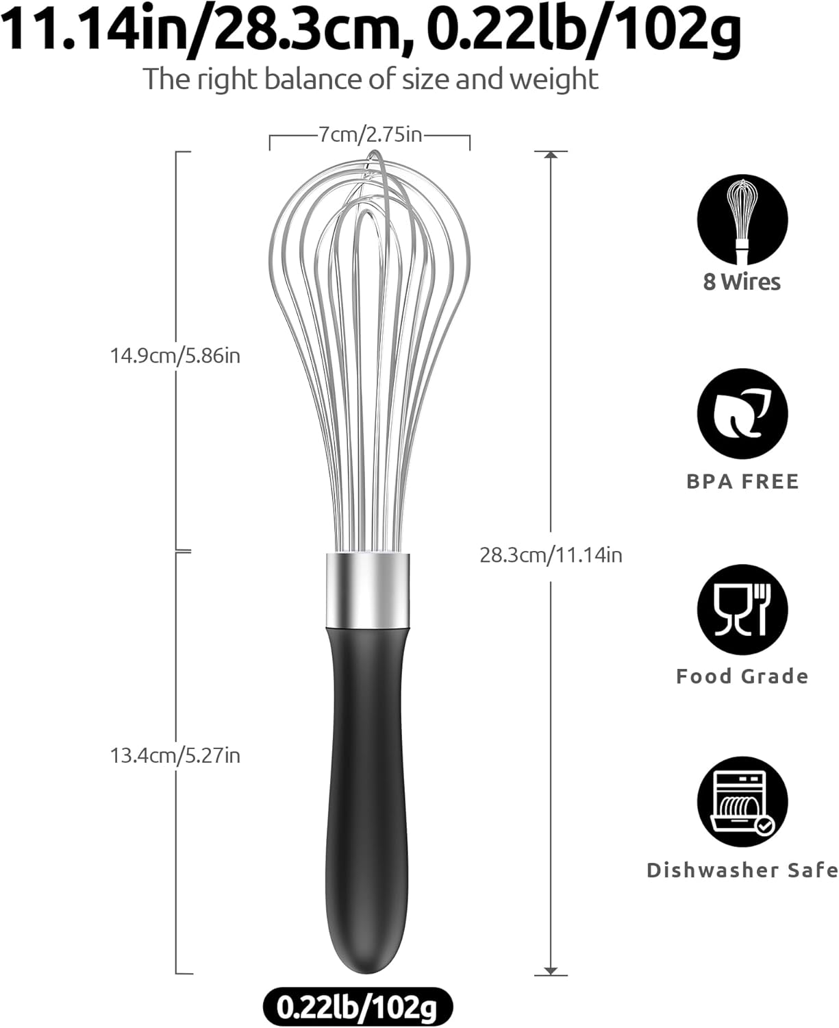 Balloon Whisk for Cooking: 18/10 Stainless Steel Medium Kitchen Wire Whisk Black and 8"+10"+12" Kitchen Tweezer: 18/8 Stainless Steel Food-Grade Metal Food Tong Pointed Tip