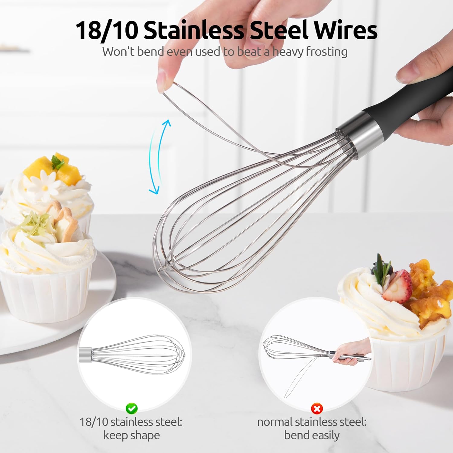 Balloon Whisk for Cooking: 18/10 Stainless Steel Medium Kitchen Wire Whisk Black and 8"+10"+12" Kitchen Tweezer: 18/8 Stainless Steel Food-Grade Metal Food Tong Pointed Tip