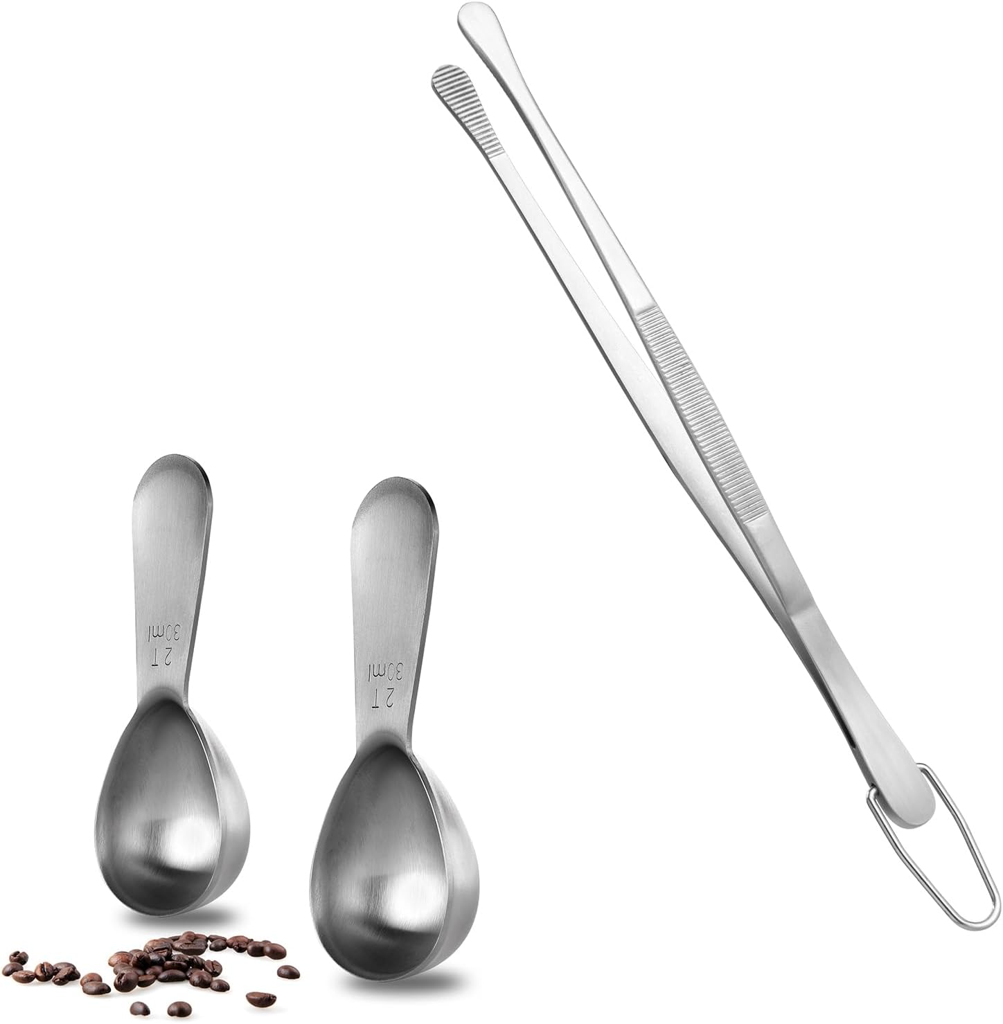 2 Tablespoon Metal Measuring Spoon Set of 2 with Short Handled Measure Scooper Silver, 2Tbsp/30ml and 8in Kitchen Plating Tweezer:18/8 Stainless Steel Food-Grade Metal Food Tong Round Tip