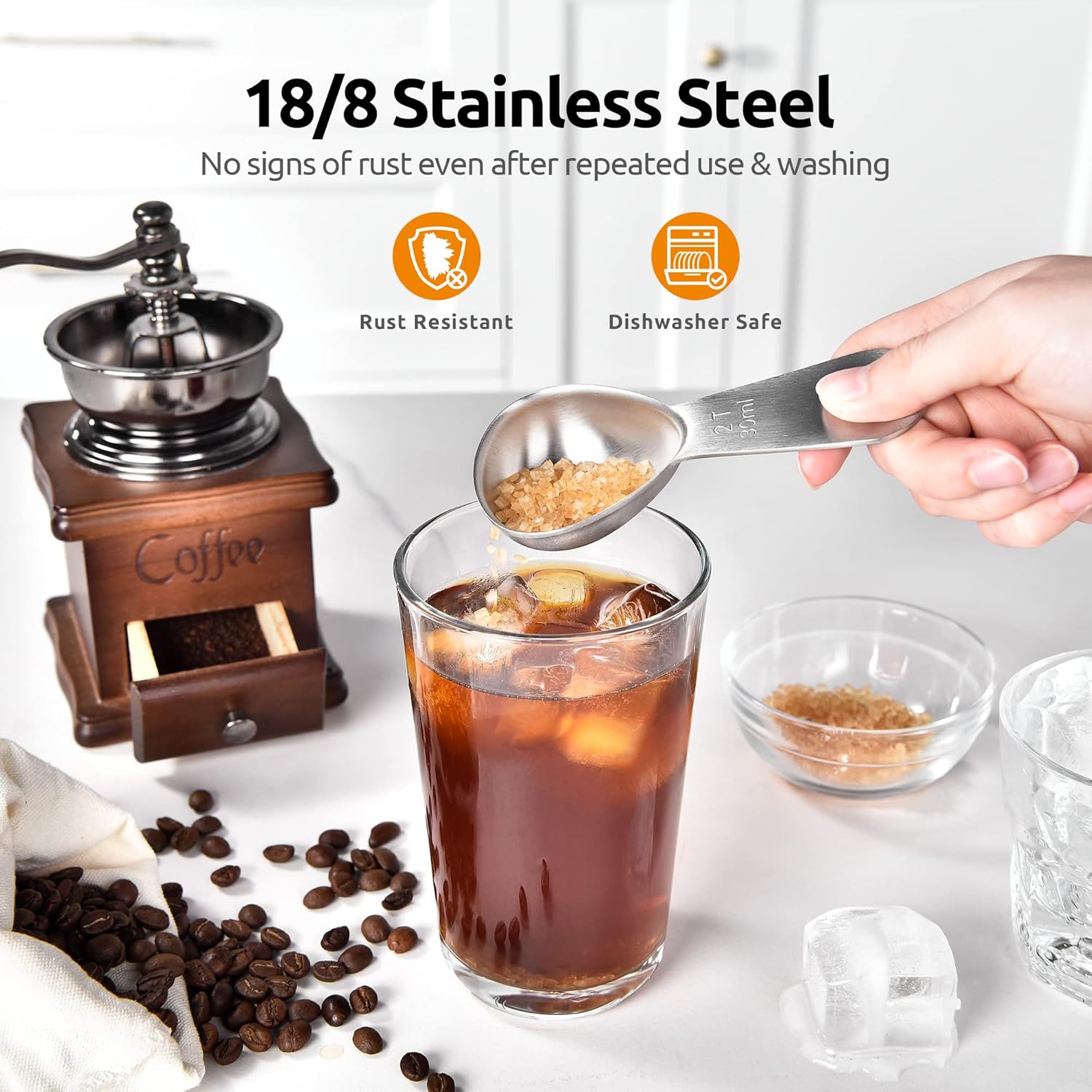 2 Tablespoon Metal Measuring Spoon Set of 2 with Short Handled Measure Scooper Silver, 2Tbsp/30ml and 8in Kitchen Plating Tweezer:18/8 Stainless Steel Food-Grade Metal Food Tong Round Tip