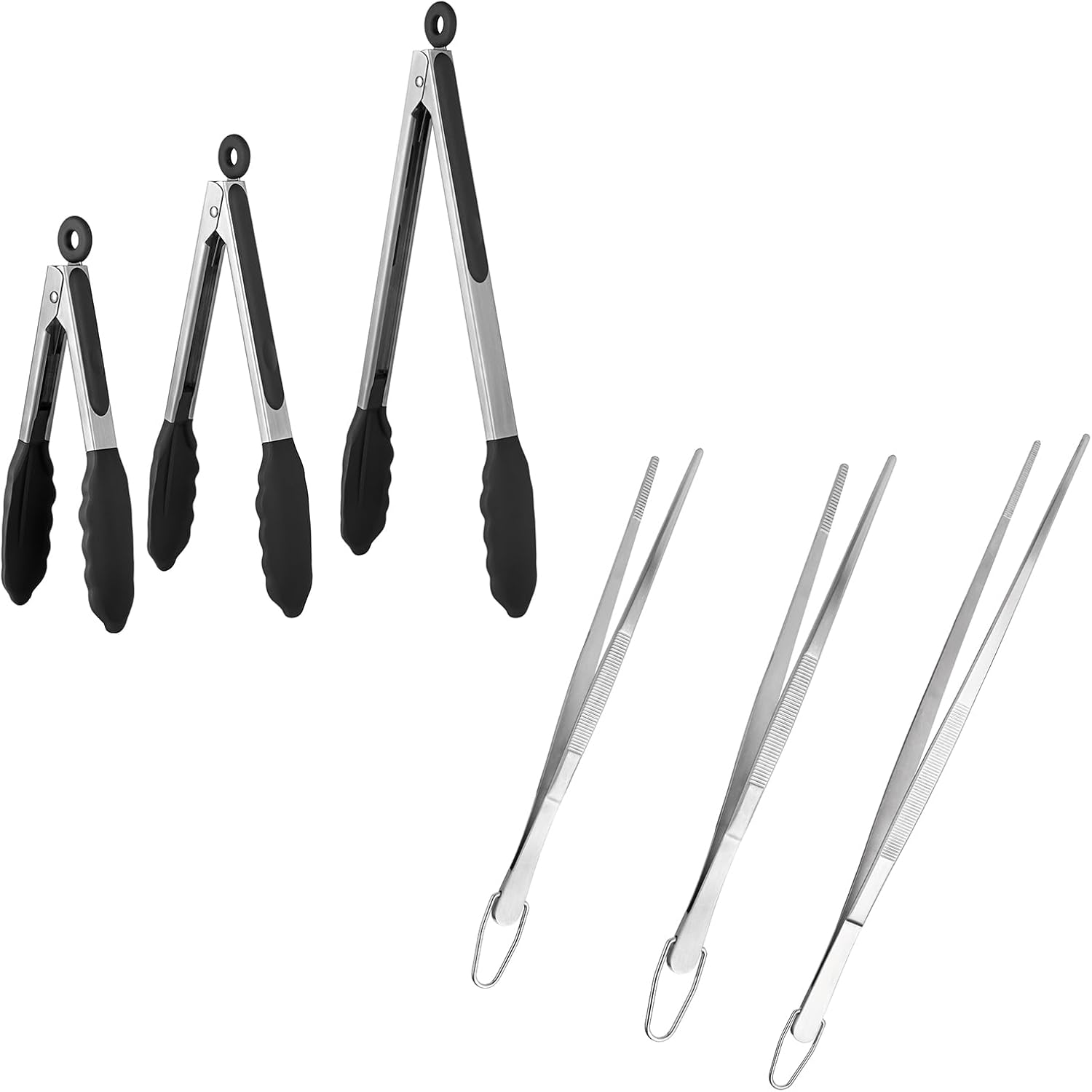 600ºF Heat Resistant 7/9/12 inches Silicone Cooking Tongs with Non Stick Rubber Tips Black and 8"+10"+12" Kitchen Tweezer Set: 18/8 Stainless Steel Food-Grade Metal Food Tong Pointed Tip