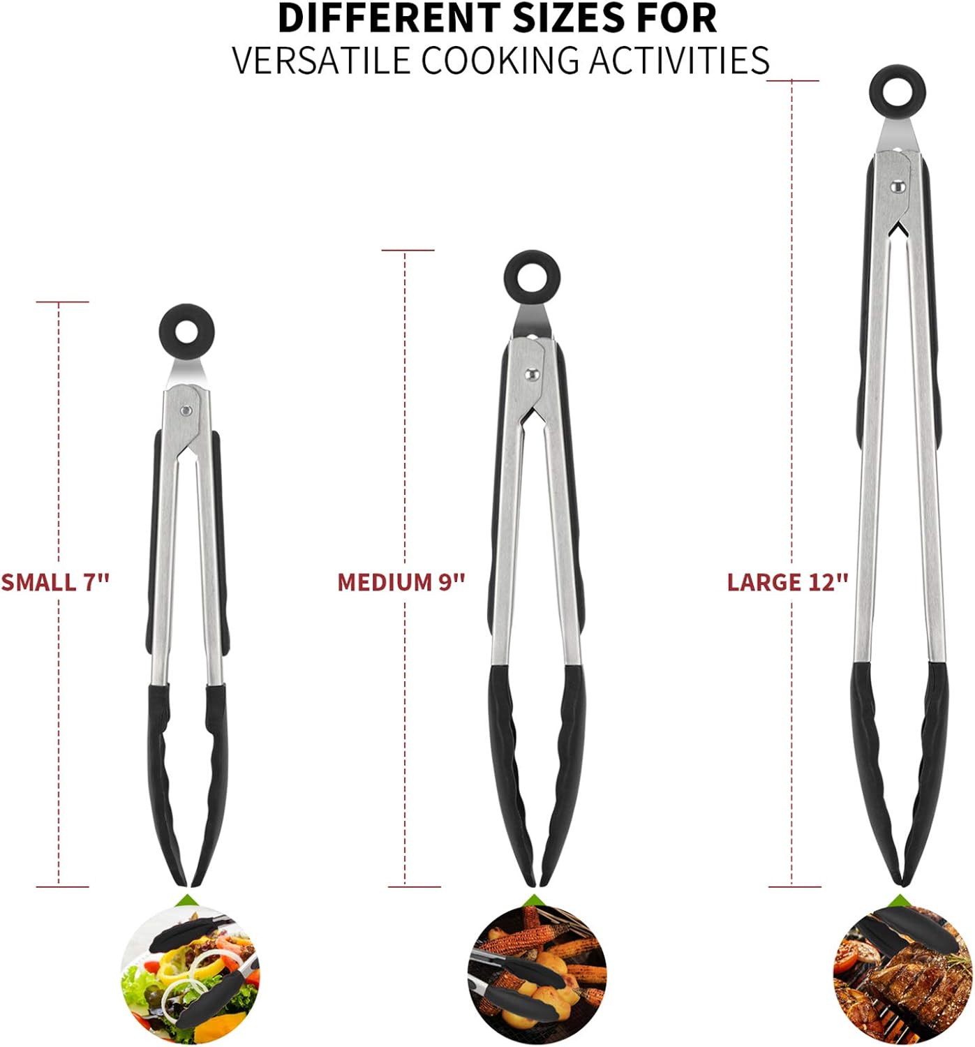600ºF Heat Resistant 7/9/12 inches Silicone Cooking Tongs with Non Stick Rubber Tips Black and 8"+10"+12" Kitchen Tweezer Set: 18/8 Stainless Steel Food-Grade Metal Food Tong Pointed Tip