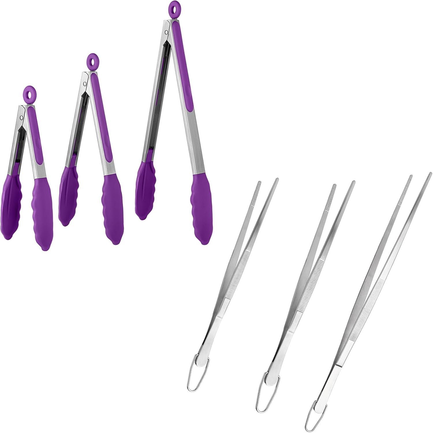 600ºF Heat Resistant 7/9/12 inches Silicone Cooking Tongs with Non Stick Rubber Tips Purple and 8"+10"+12" Kitchen Tweezer Set: 18/8 Stainless Steel Food-Grade Metal Food Tong Pointed Tip