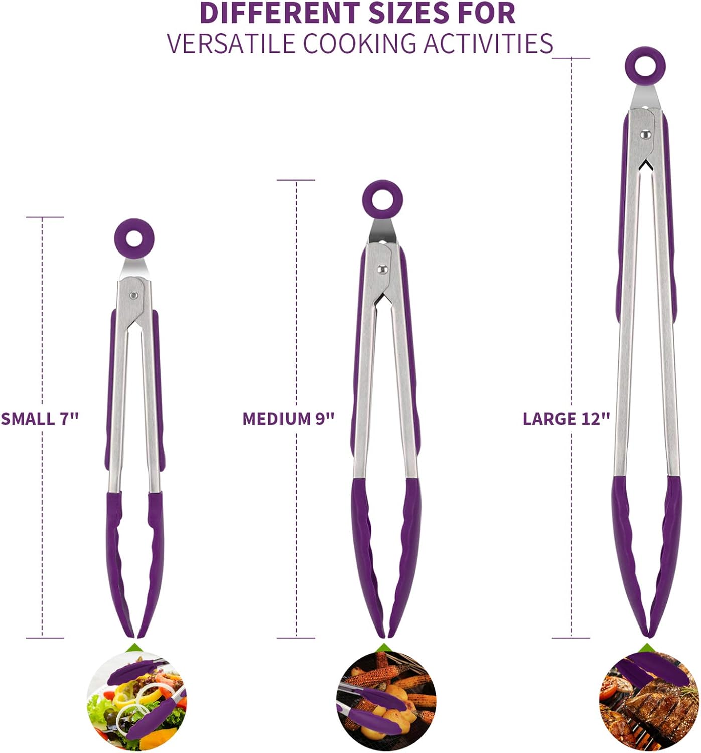 600ºF Heat Resistant 7/9/12 inches Silicone Cooking Tongs with Non Stick Rubber Tips Purple and 8"+10"+12" Kitchen Tweezer Set: 18/8 Stainless Steel Food-Grade Metal Food Tong Pointed Tip