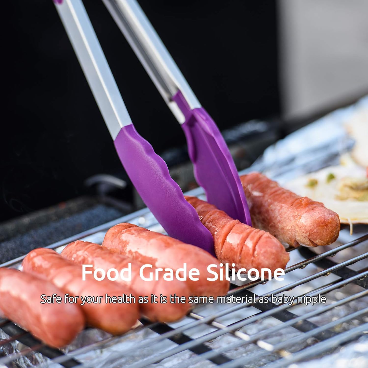 600ºF Heat Resistant 7/9/12 inches Silicone Cooking Tongs with Non Stick Rubber Tips Purple and 8"+10"+12" Kitchen Tweezer Set: 18/8 Stainless Steel Food-Grade Metal Food Tong Pointed Tip